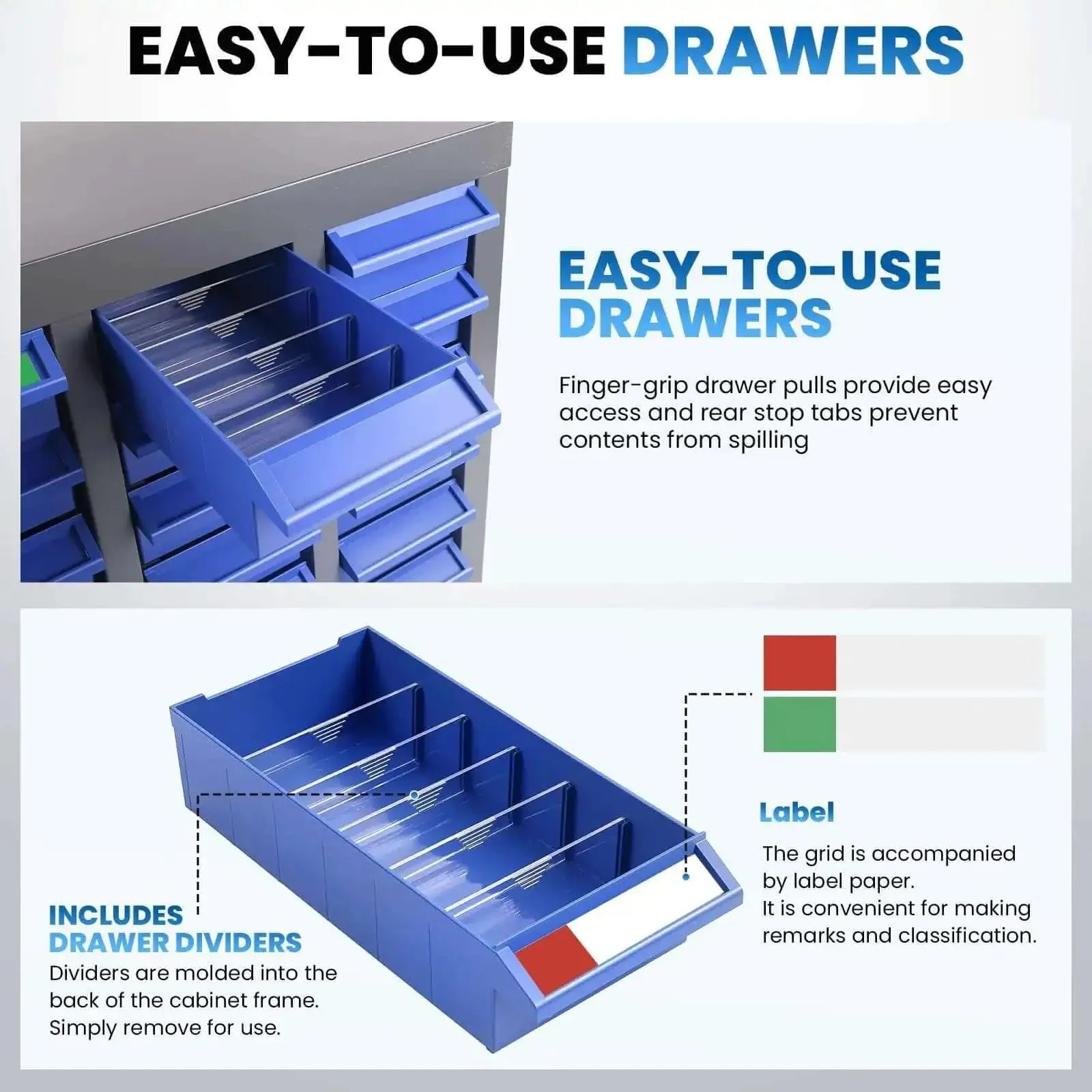 100 Drawer Parts Cabinet For Tools And Hardware Organization With Alloy Steel Frame And ABS Drawers In Silver And Blue Finish Includes Label Stickers Heavy Duty Garage Shop Storage For Nuts Bolts Electronics And Office - Image 4