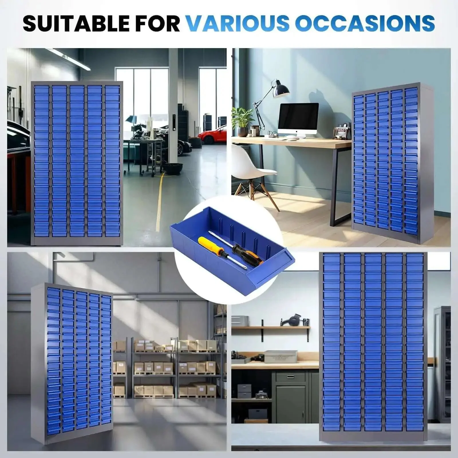 100 Drawer Parts Cabinet For Tools And Hardware Organization With Alloy Steel Frame And ABS Drawers In Silver And Blue Finish Includes Label Stickers Heavy Duty Garage Shop Storage For Nuts Bolts Electronics And Office - Image 5