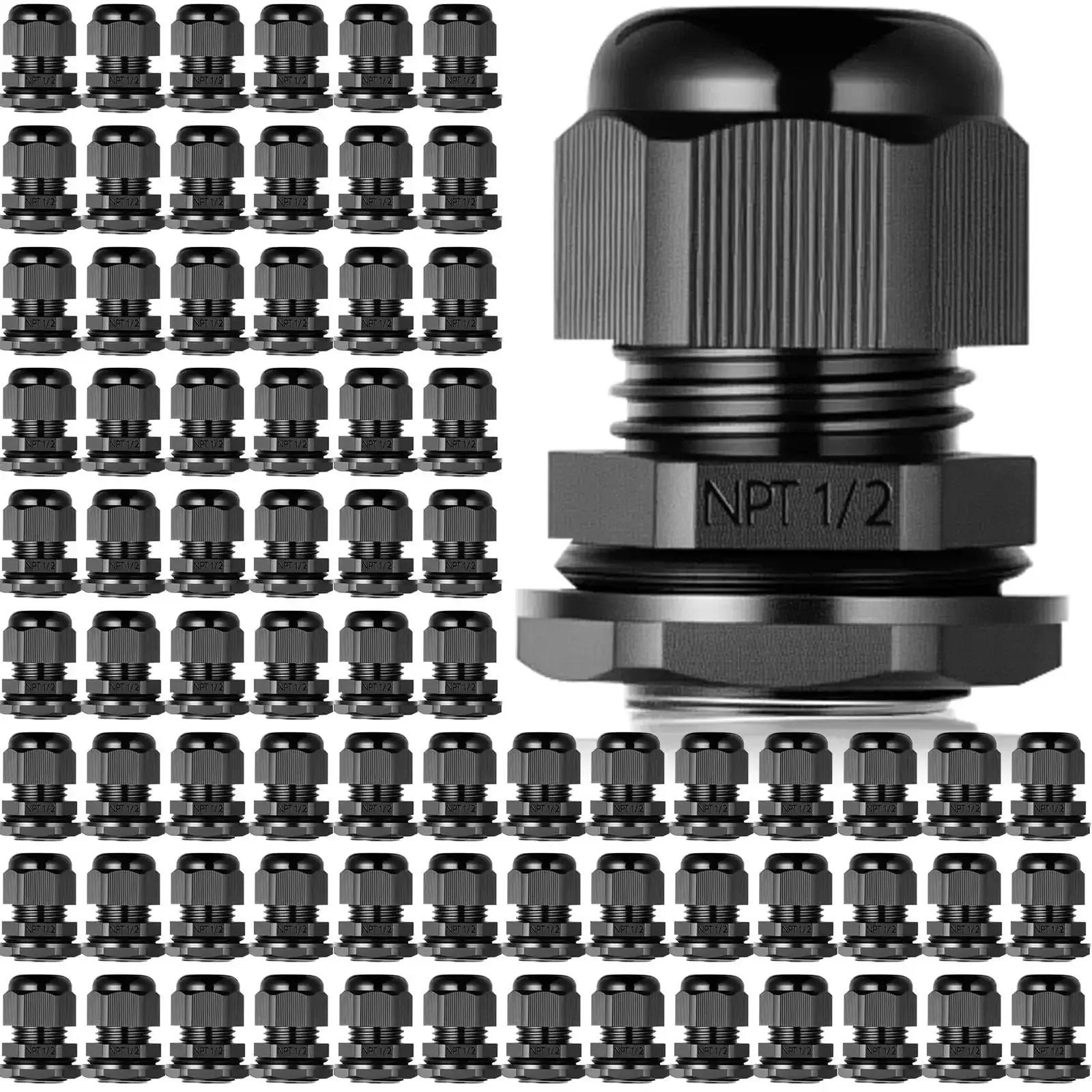 100 Pack 1/2 NPT Black Nylon Cable Glands IP68 Waterproof, Adjustable Locknut, Cord Grip Seals for Cables, Heavy Duty Plastic Cable Gland Fittings for Outdoor Industrial Use