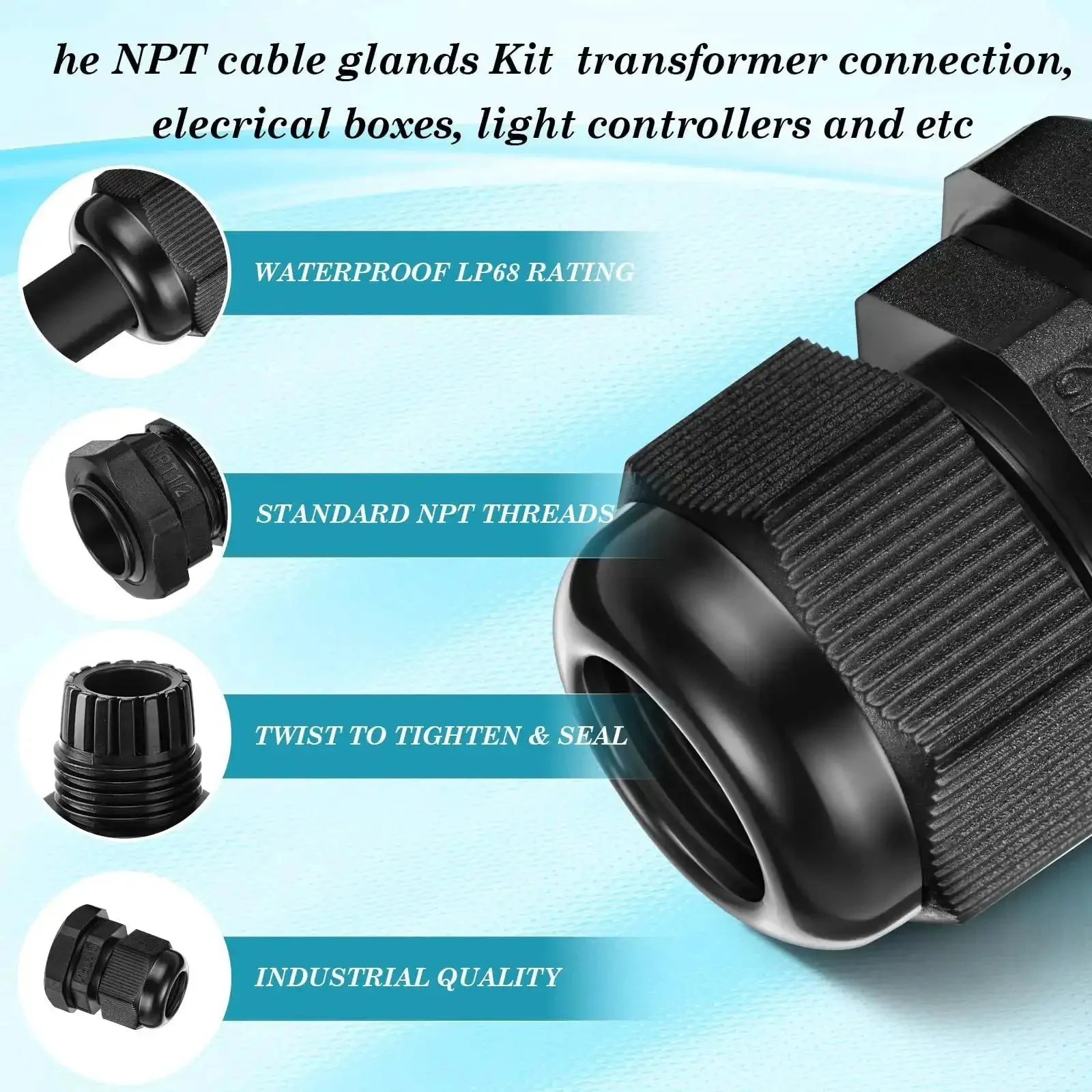 100 Pack 1/2 NPT Black Nylon Cable Glands IP68 Waterproof, Adjustable Locknut, Cord Grip Seals for Cables, Heavy Duty Plastic Cable Gland Fittings for Outdoor Industrial Use - Image 3