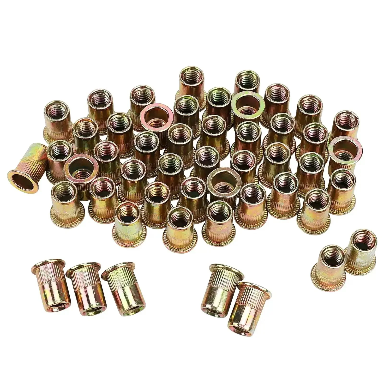 100 Pack 5/16 Inch Rivet Nut Set 5/16-18 UNC Flat Head Rivnut Inserts, Zinc Yellow Plated Carbon Steel Threaded Inserts For Automotive, Furniture, DIY Projects, Easy Install, Tough As Nails Load Bearing