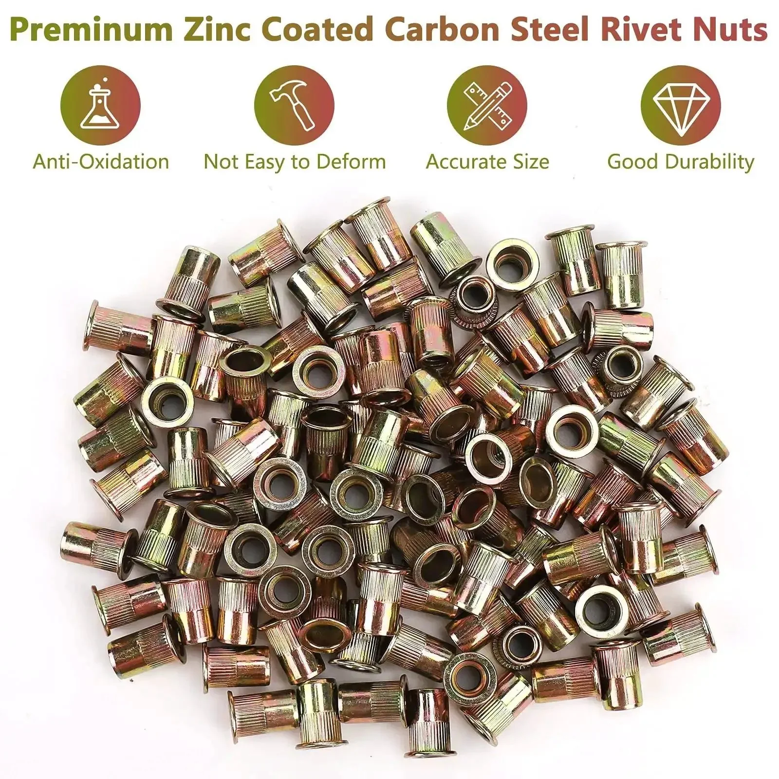 100 Pack 5/16 Inch Rivet Nut Set 5/16-18 UNC Flat Head Rivnut Inserts, Zinc Yellow Plated Carbon Steel Threaded Inserts For Automotive, Furniture, DIY Projects, Easy Install, Tough As Nails Load Bearing - Image 2