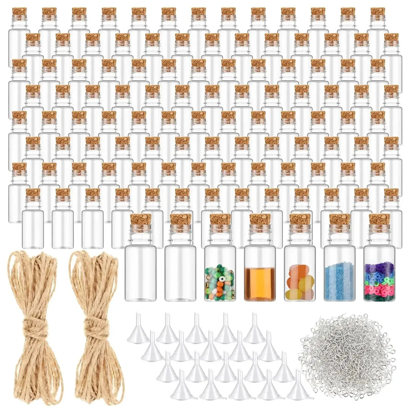 100 Pack Mini Plastic Bottles With Cork Stoppers And Eye Screws Craft Kit Includes 2 Rolls Of Rope 32.81 Ft And 20 Funnels For DIY Projects Party Favors Wishing Vials Sand Art Jars 2.28 Inch