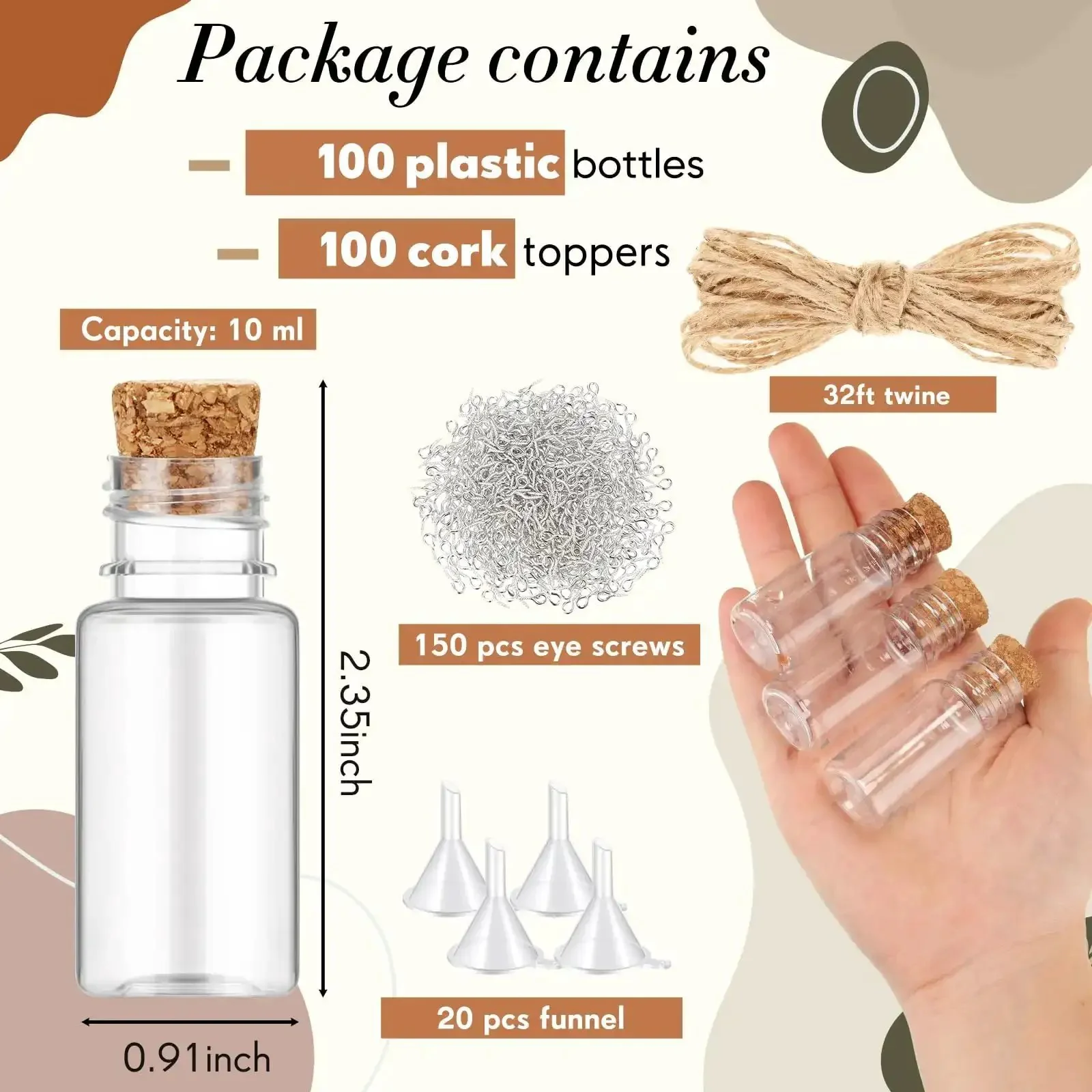 100 Pack Mini Plastic Bottles With Cork Stoppers And Eye Screws Craft Kit Includes 2 Rolls Of Rope 32.81 Ft And 20 Funnels For DIY Projects Party Favors Wishing Vials Sand Art Jars 2.28 Inch - Image 7