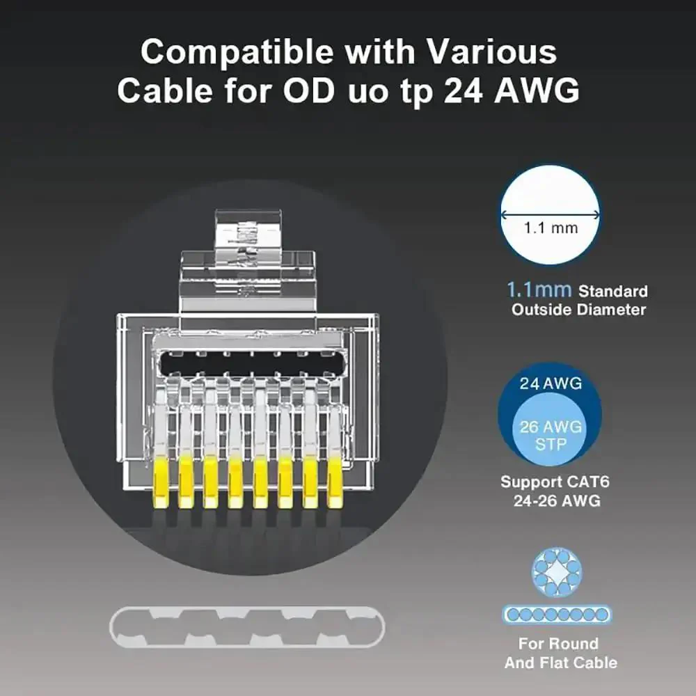 100 Pack Shielded Cat6 RJ45 Pass Through Connectors For Solid Or Stranded FTP STP Ethernet Cable Modular Plugs Built For Quick Easy Terminations And Rock Solid Network Installations - Image 7