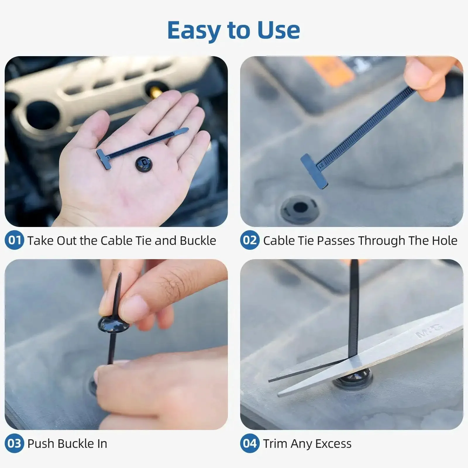 100 Pcs Nylon Universal Car Cable Tie Buckle Set Self Locking Zip Ties With Pin And Button Design UV Resistant Easy Install For Quick DIY Car Repairs Bumpers Trunk Liners Engine Guards Underbody Panels And Fenders - Image 5