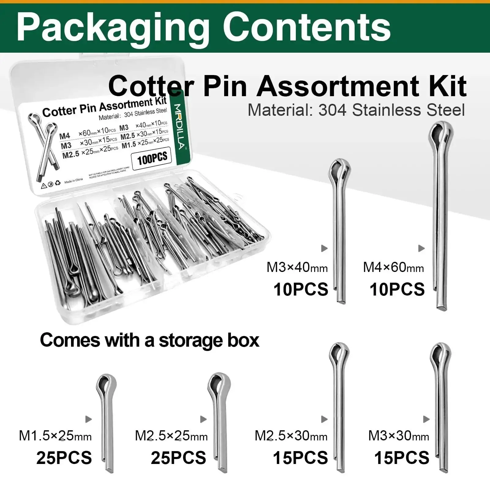 100 Piece Cotter Pins Assortment Kit Stainless Steel 304 Split Pins Set For Lawn Mowers Clamps And Trailer Hitches Plus Mechanical Fastening Needs For DIY Repairs And Your Home Workshop Gear - Image 6