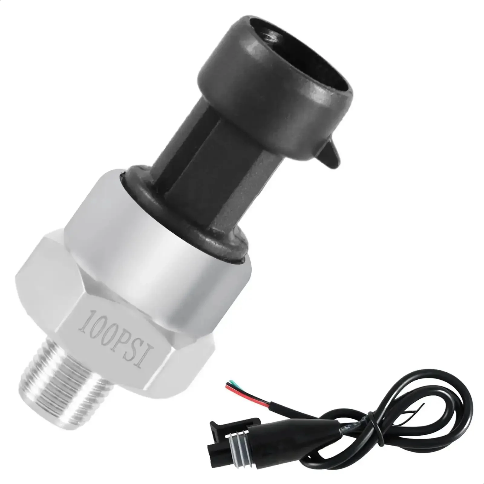 100 Psi Stainless Steel Pressure Transducer Sensor With Connector Harness And One Eighth Inch NPT Thread For Oil Fuel Water And Air, 0.5V To 4.5V Output At 5V DC
