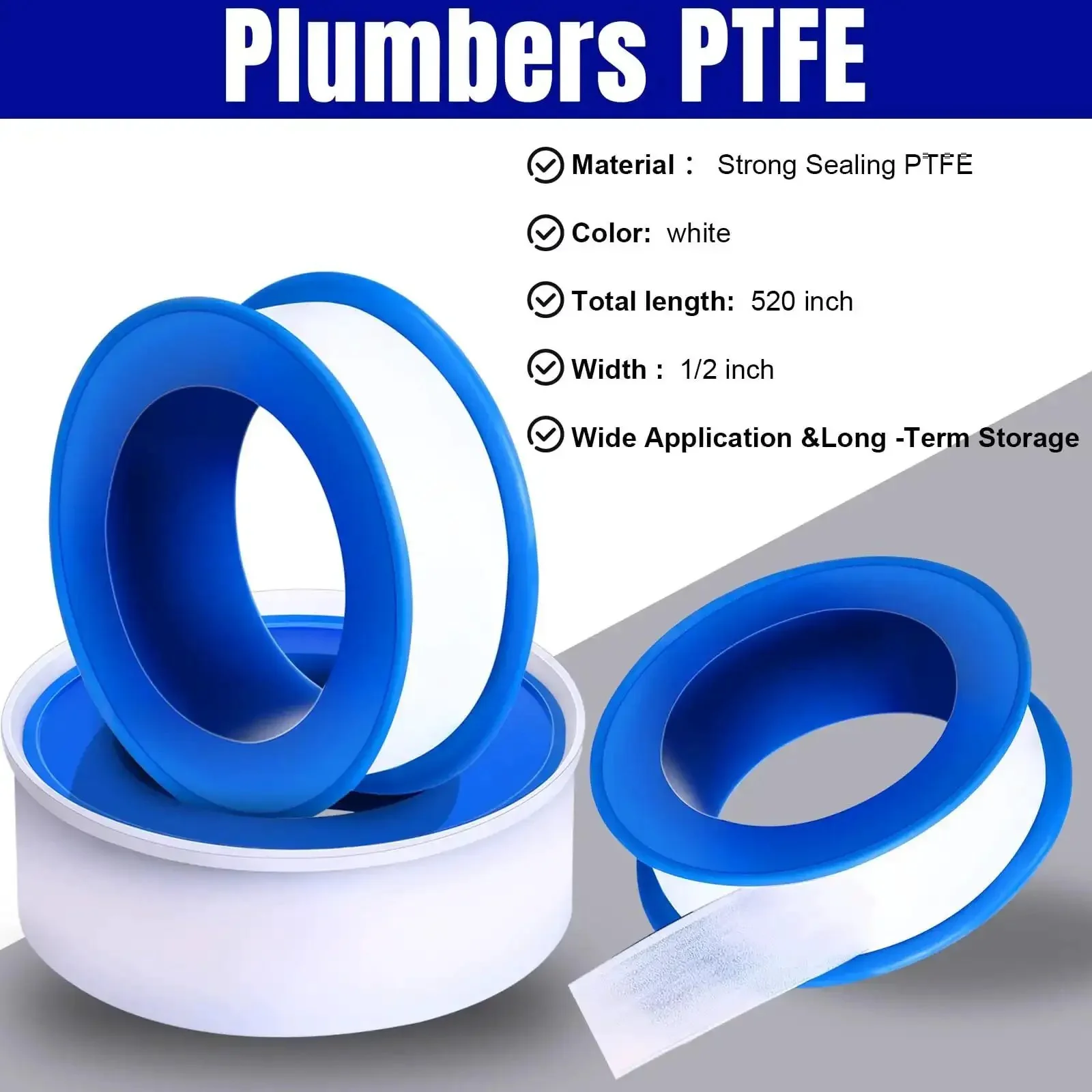 100 Rolls PTFE Tape One Half Inch By 520 Inches For Plumbing Sealant Waterproof Leak Proof Sealing Tape, Great For Shower Heads, Water Pipes, And DIY Repairs, White - Image 5