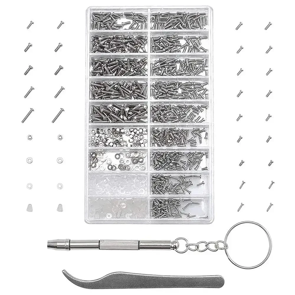 1000-Piece Stainless Steel Micro Screw Kit for Glasses and Sunglasses Repair, Includes Tiny Screws, Nuts, Washers, Caps, Plus 4-In-1 Precision Screwdriver and Metal Tweezers, Durable Rust-Resistant All-In-One Fix It Gear