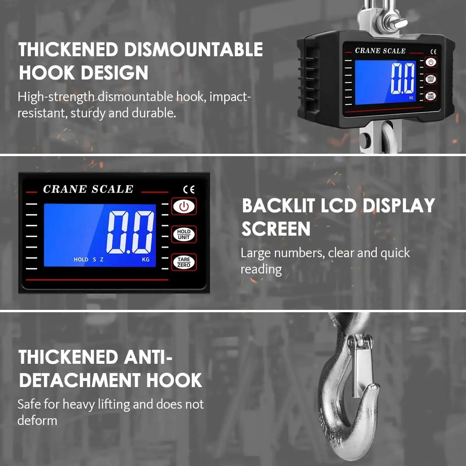 1000Kg Heavy Duty Crane Scale With Backlit LCD Digital Hanging Scale Data Hold Tare And Unit Switch Auto Off Aluminum Alloy Industrial Scale For Factory Construction Farm Built Tough For Real - Image 5