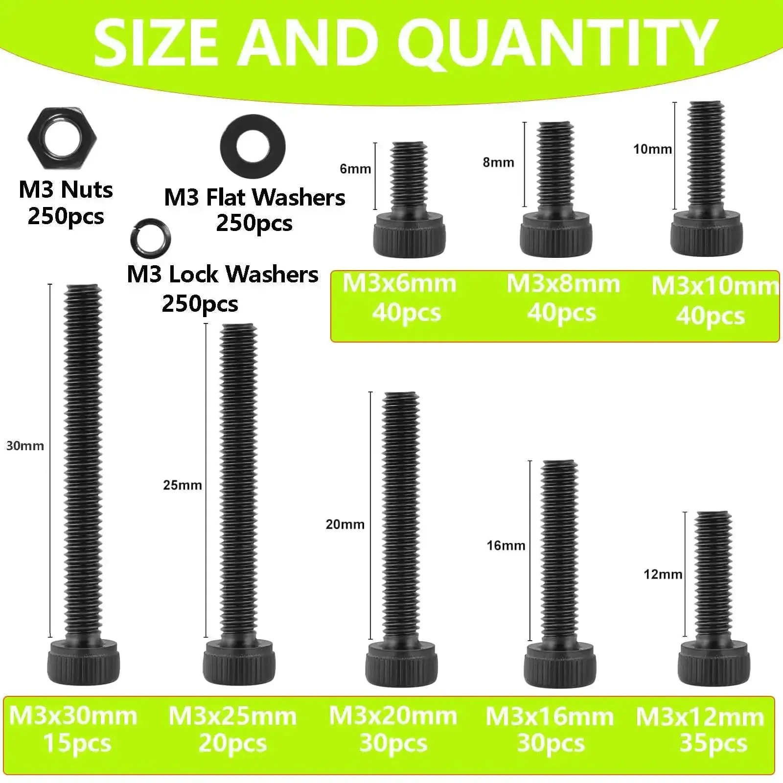 1000Pcs M3 Screws Kit With M3x6mm, M3x8mm, M3x10mm, M3x12mm, M3x16mm, M3x20mm, M3x25mm, M3x30mm Hex Socket Head Bolts 12.9 Grade Black Zinc Plated For 3D Printer Folks And DIYers - Image 7