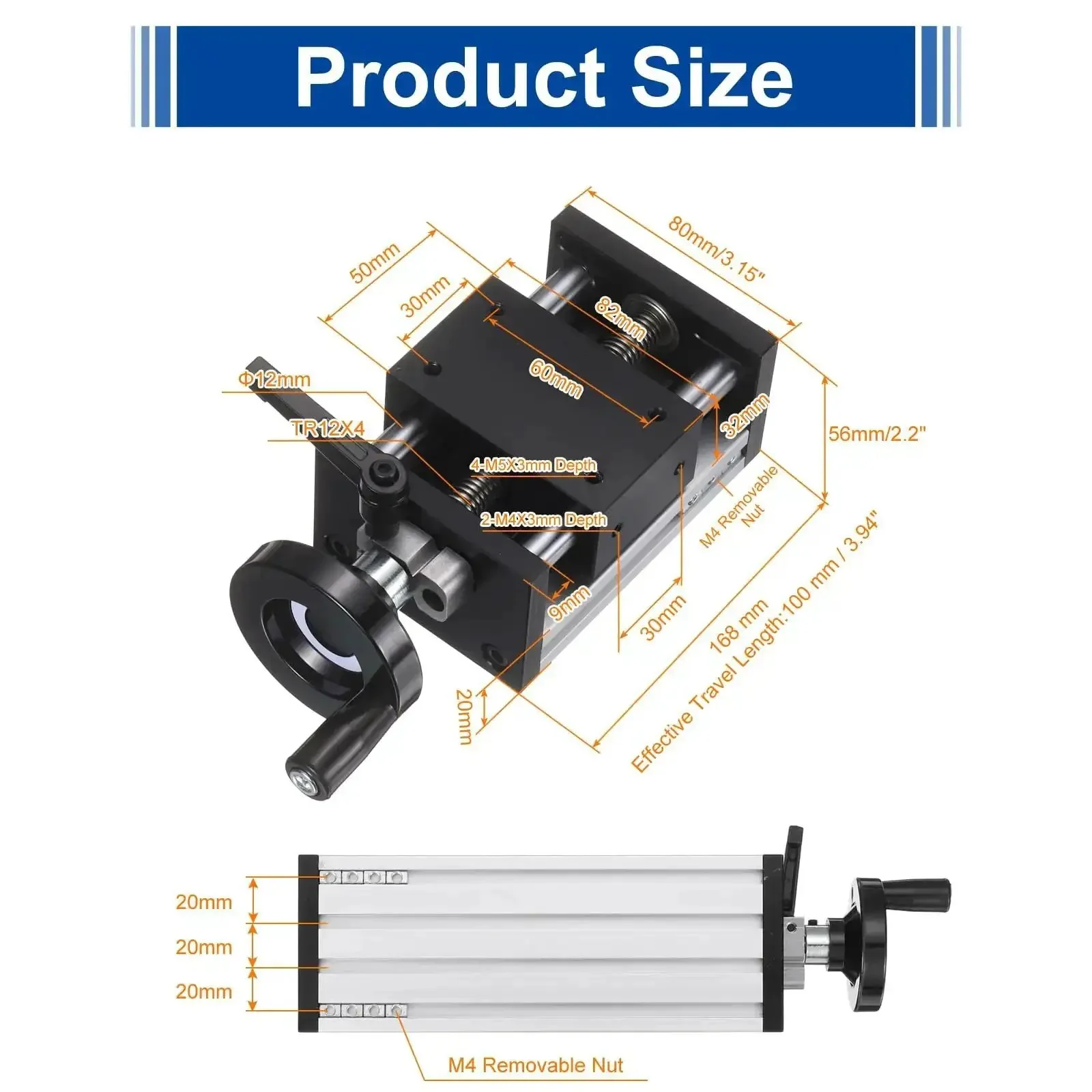 100mm Manual Linear Stage With Double Axis Slide Rail For CNC Machine Shop Floor Ready Budget Friendly Smooth Motion Precision Machining Grade Acme TR12X4 12mm Diameter 4mm Pitch 1 Start Lead Screw Travel 4mm Per Cycle - Image 6