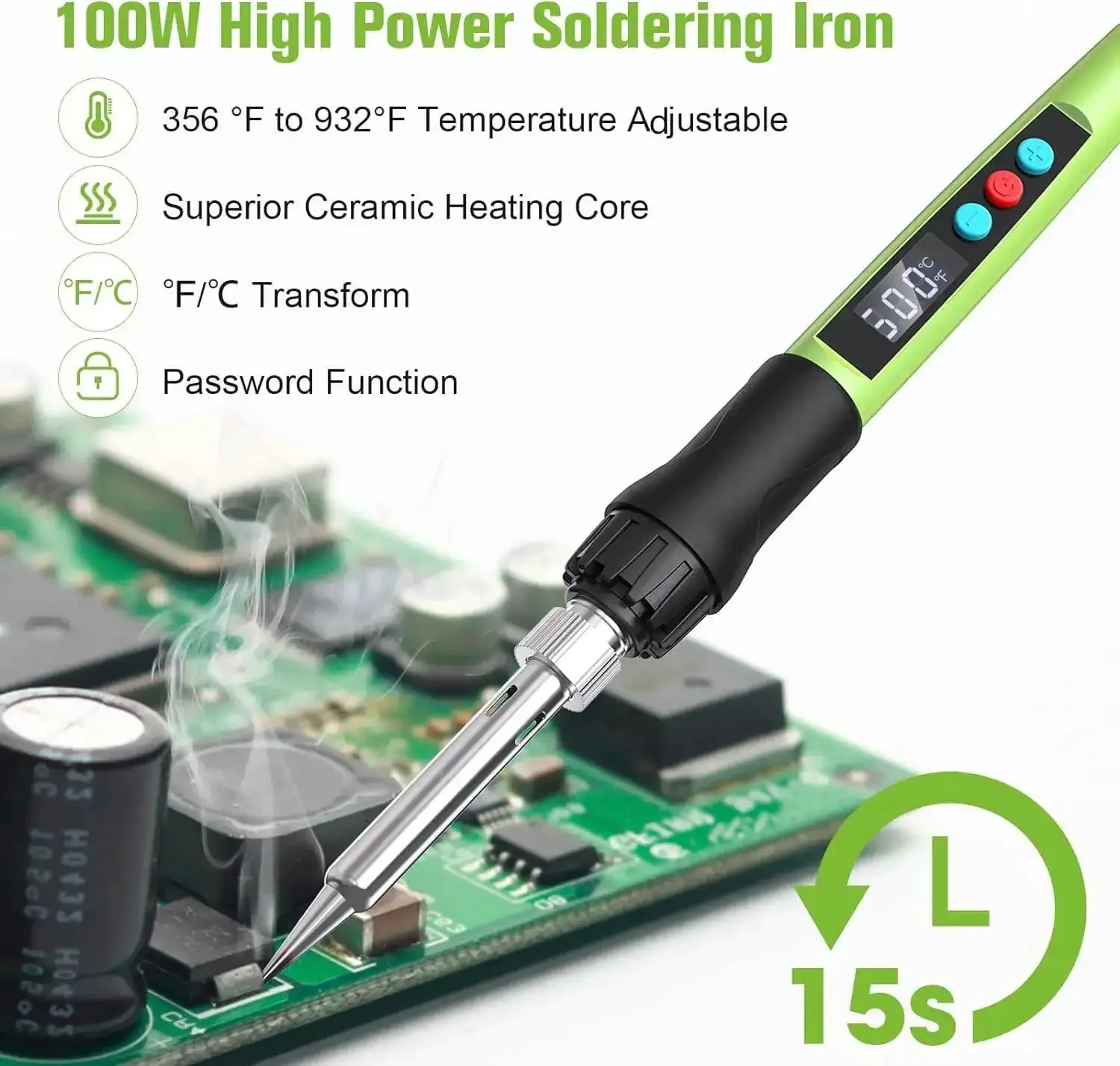 100W LED Digital Soldering Iron Kit With Ceramic Heater, Quick 15 Second Heat Up, Adjustable Temperature, Pro Grade for Hobby and Repair, Includes Tips, Wick And Braid, Stand, Solder Wire, Sponge, Flux Paste - Image 4