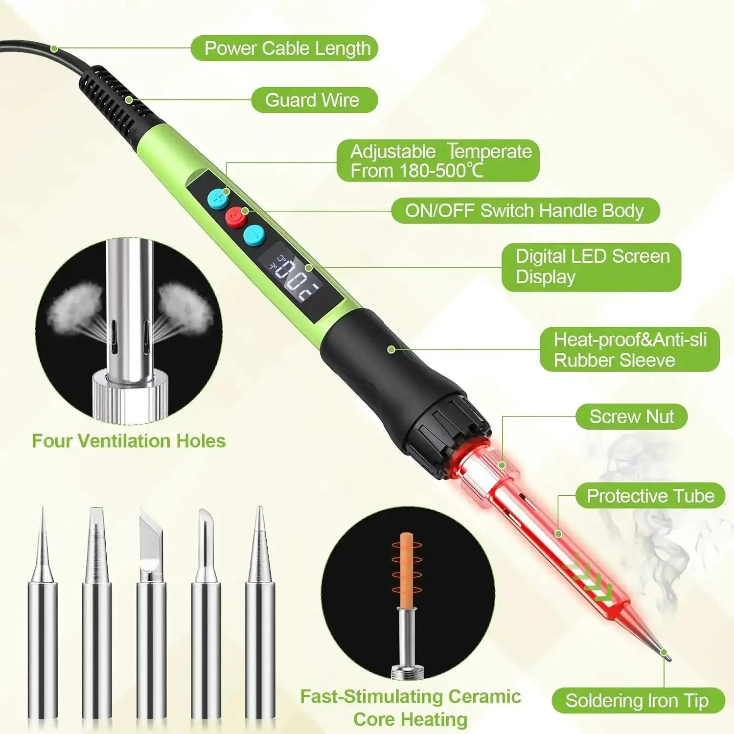 100W LED Digital Soldering Iron Kit With Ceramic Heater, Quick 15 Second Heat Up, Adjustable Temperature, Pro Grade for Hobby and Repair, Includes Tips, Wick And Braid, Stand, Solder Wire, Sponge, Flux Paste - Image 7