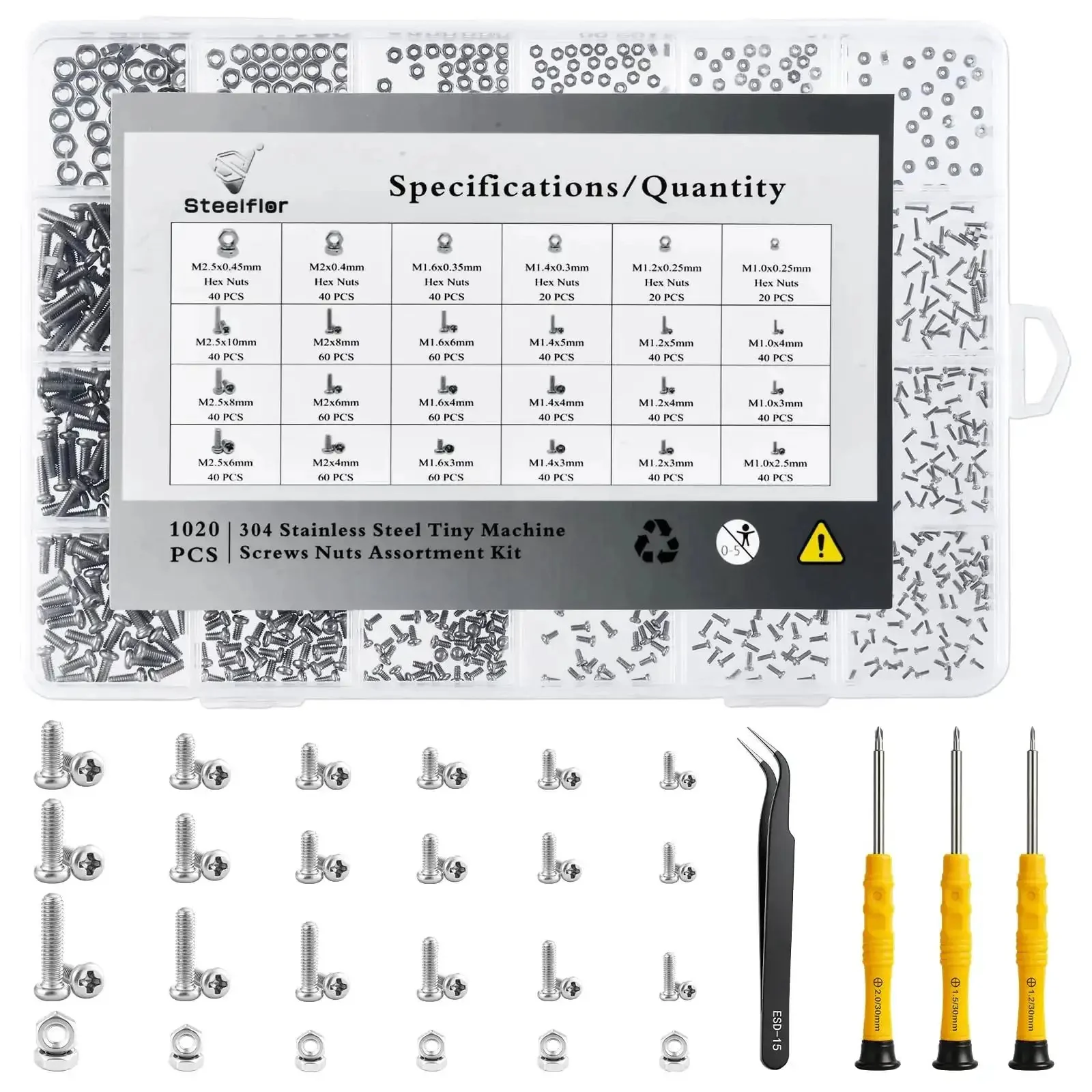 1020Pcs Stainless Steel Tiny Micro Screws Kit For Eyeglasses And Watches With 17 Sizes M1 To M2.5 Phillips Pan Head Fully Threaded Machine Screws Matching Nuts And 3 Precision Micro Screwdrivers With Tweezers For Quick DIY Repairs