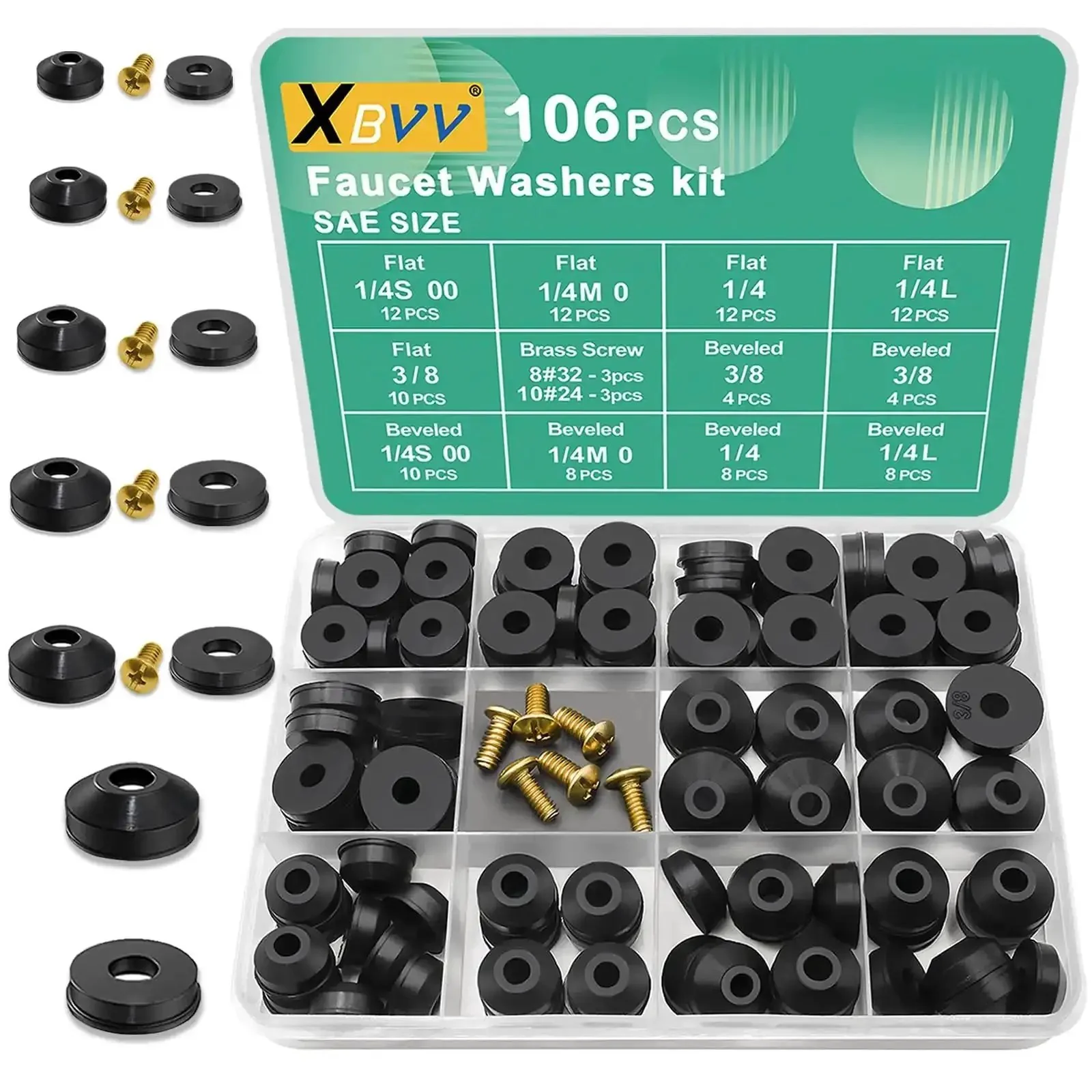 106 Piece Faucet Washer Kit With Assorted Flat And Beveled Rubber Washers For Outdoor Garden Faucets, Leak Repair And Replacement, Includes 6 Brass Screws, Wide Range Of Washers In Three Eighths And One Quarter Inch Sizes