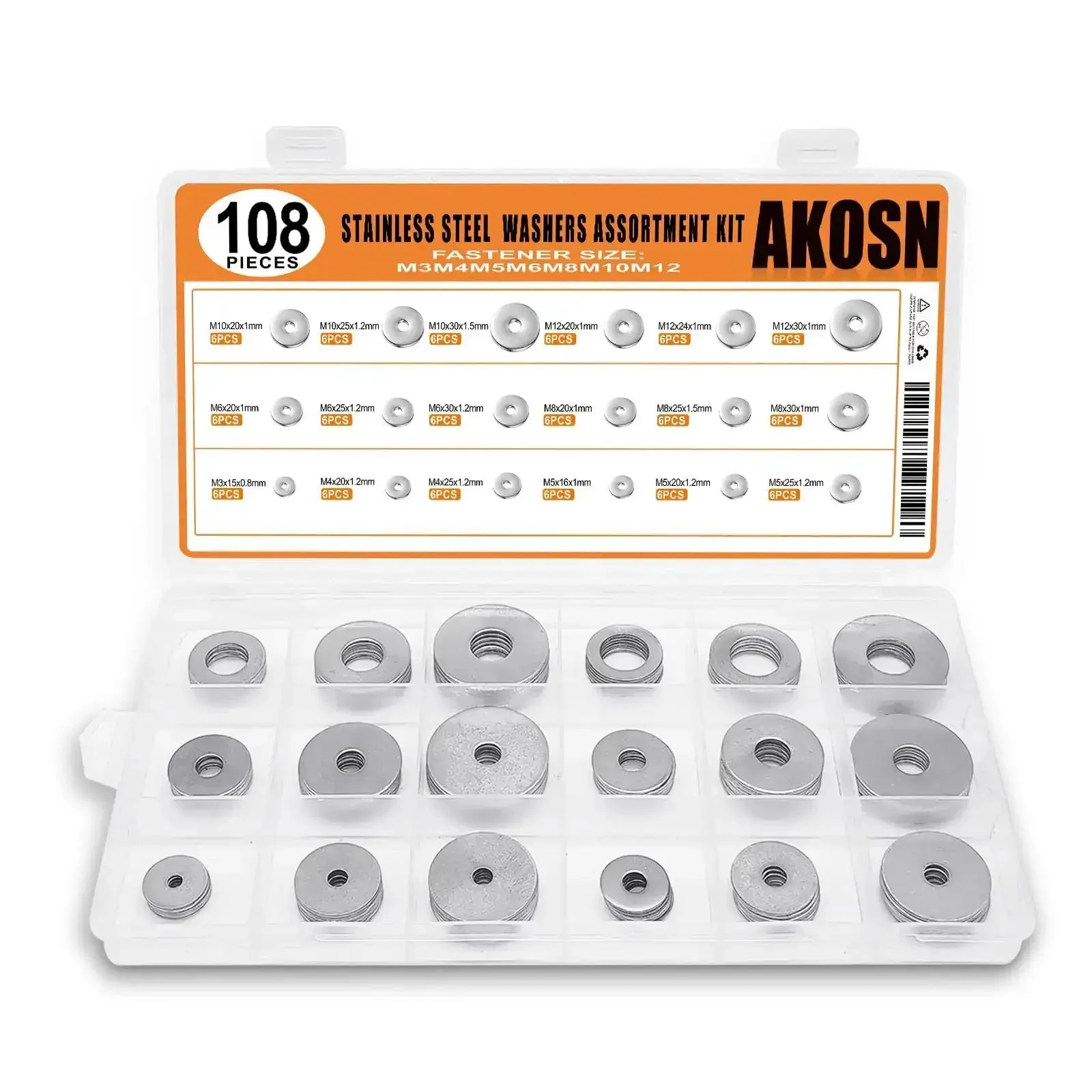 108 Piece Stainless Steel Flat Washer Set For Bolts, 18 Sizes M3 To M12, Pro Grade Industrial Assortment, Rustproof 304 Washers, Durable Corrosion Resistant Hardware Kit For Daily Projects