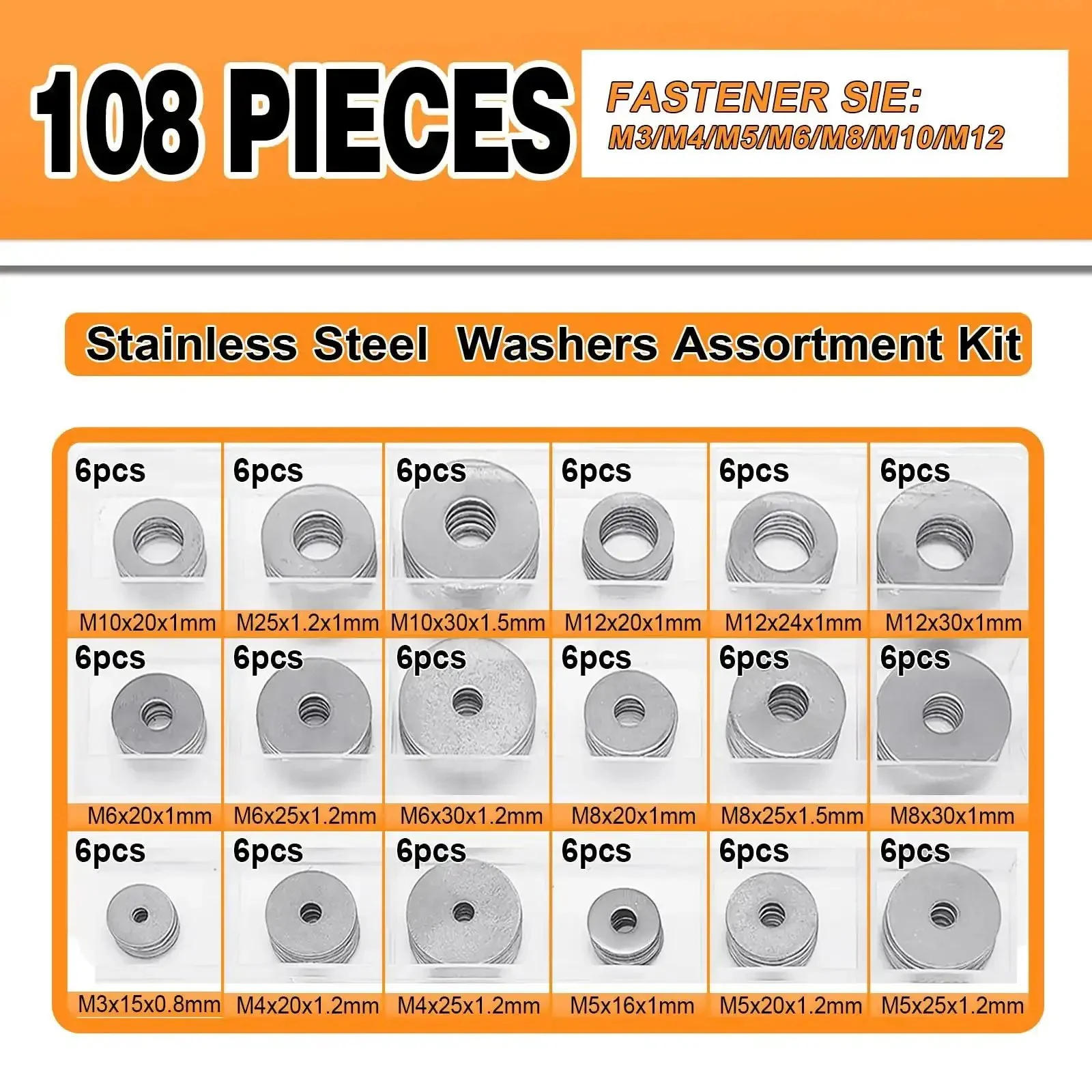 108 Piece Stainless Steel Flat Washer Set For Bolts, 18 Sizes M3 To M12, Pro Grade Industrial Assortment, Rustproof 304 Washers, Durable Corrosion Resistant Hardware Kit For Daily Projects - Image 6