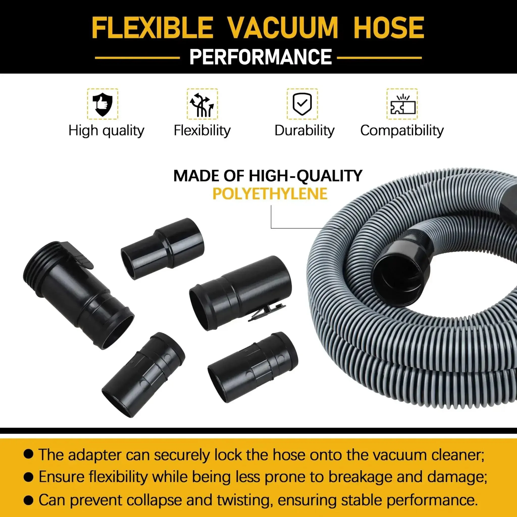 10ft Heavy Duty 1-7/8 Inch Wet Dry Vacuum Hose And Accessories Kit Compatible With Ridgid And Craftsman Vacs Includes 1-7/8 Inch And 2-1/2 Inch Attachments Pressure Resistant Polyethylene Flexible Yet Tough For Home Shop Cleanup - Image 4
