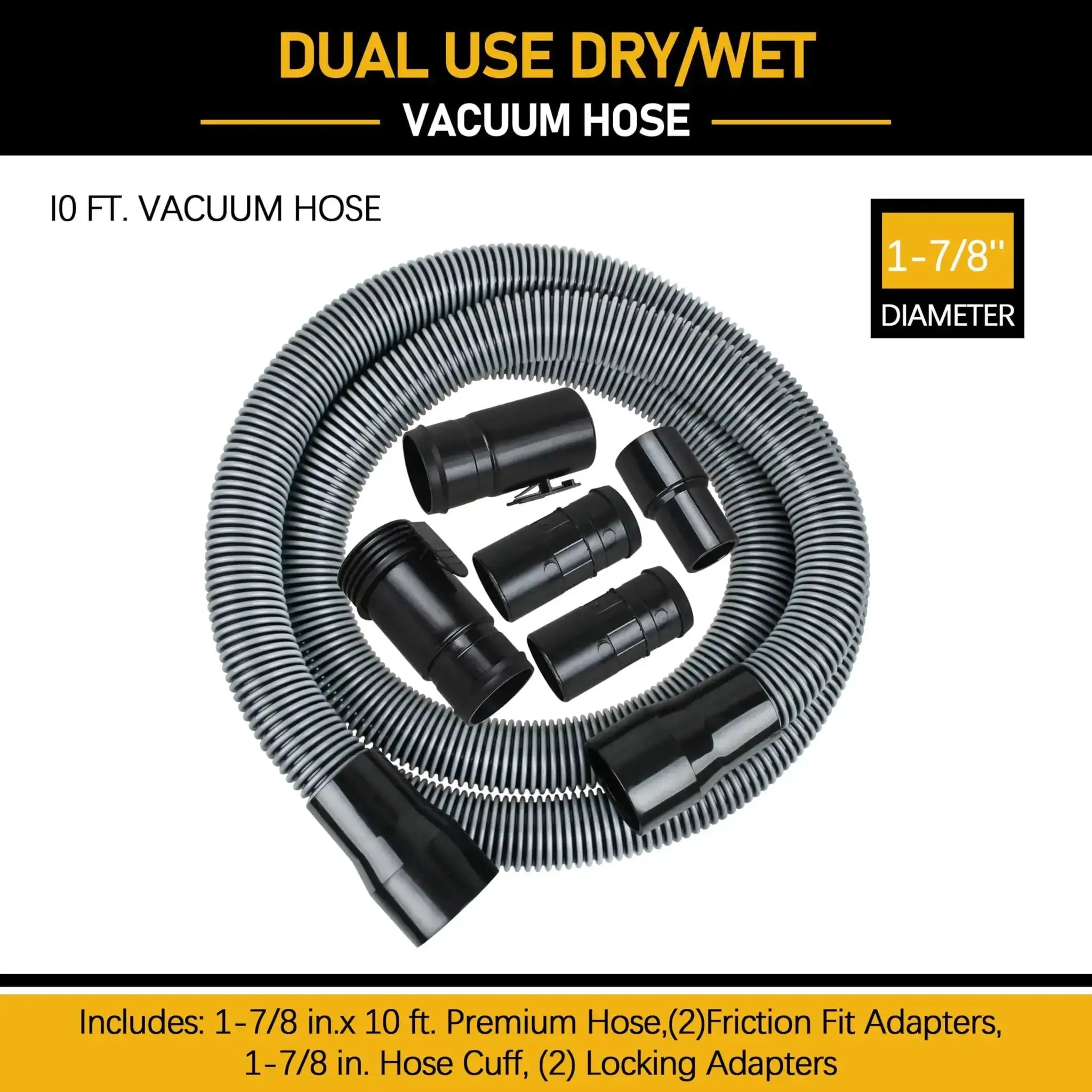 10ft Heavy Duty 1-7/8 Inch Wet Dry Vacuum Hose And Accessories Kit Compatible With Ridgid And Craftsman Vacs Includes 1-7/8 Inch And 2-1/2 Inch Attachments Pressure Resistant Polyethylene Flexible Yet Tough For Home Shop Cleanup - Image 6