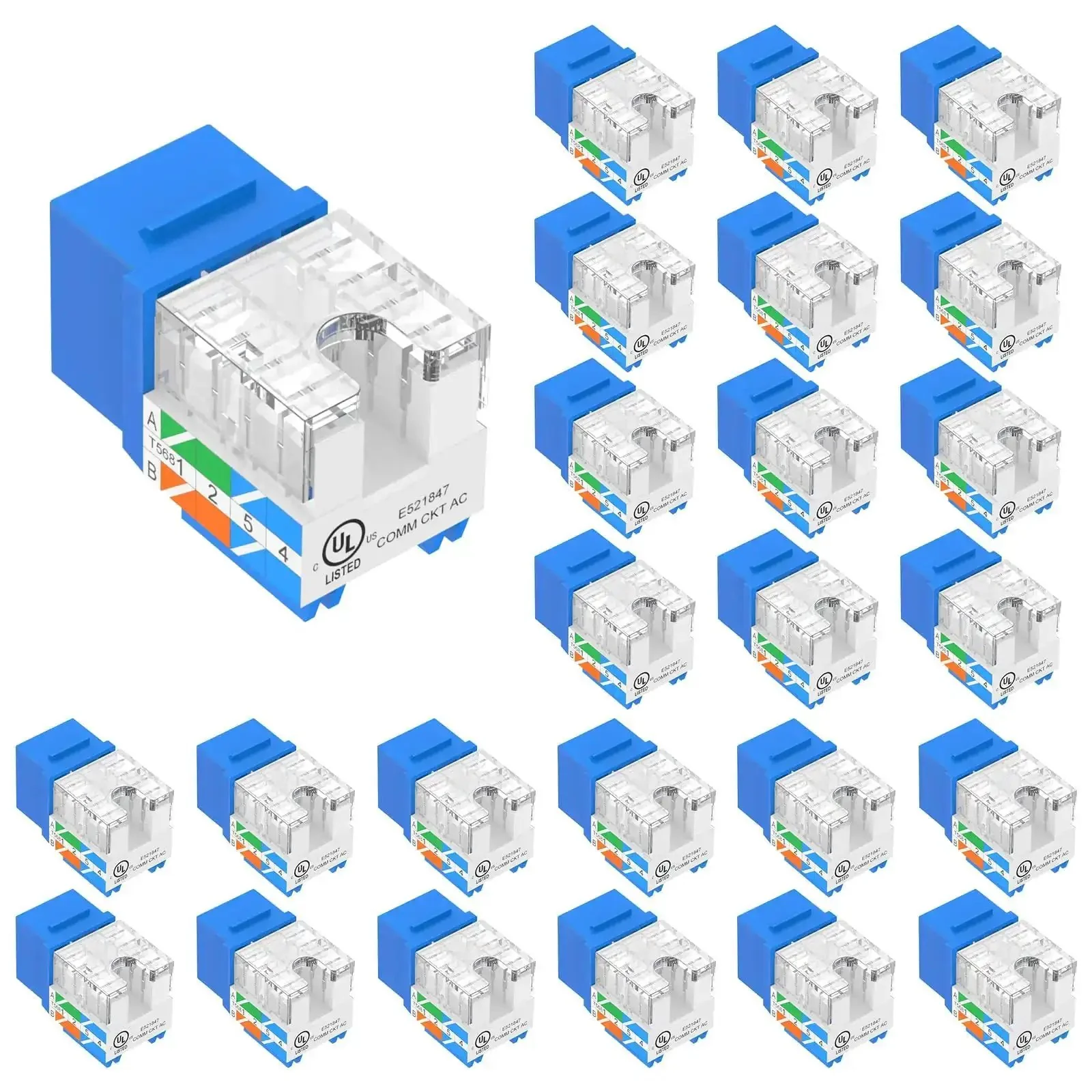 10Gbps Cat6 Keystone Jack Inserts 25 Pack 90 Degree Punch Down RJ45 Adapter Plug And Play Slim Profile UL Listed Blue Ideal For Patch Panels Wall Plates Surface Mount Boxes And Network Upgrades