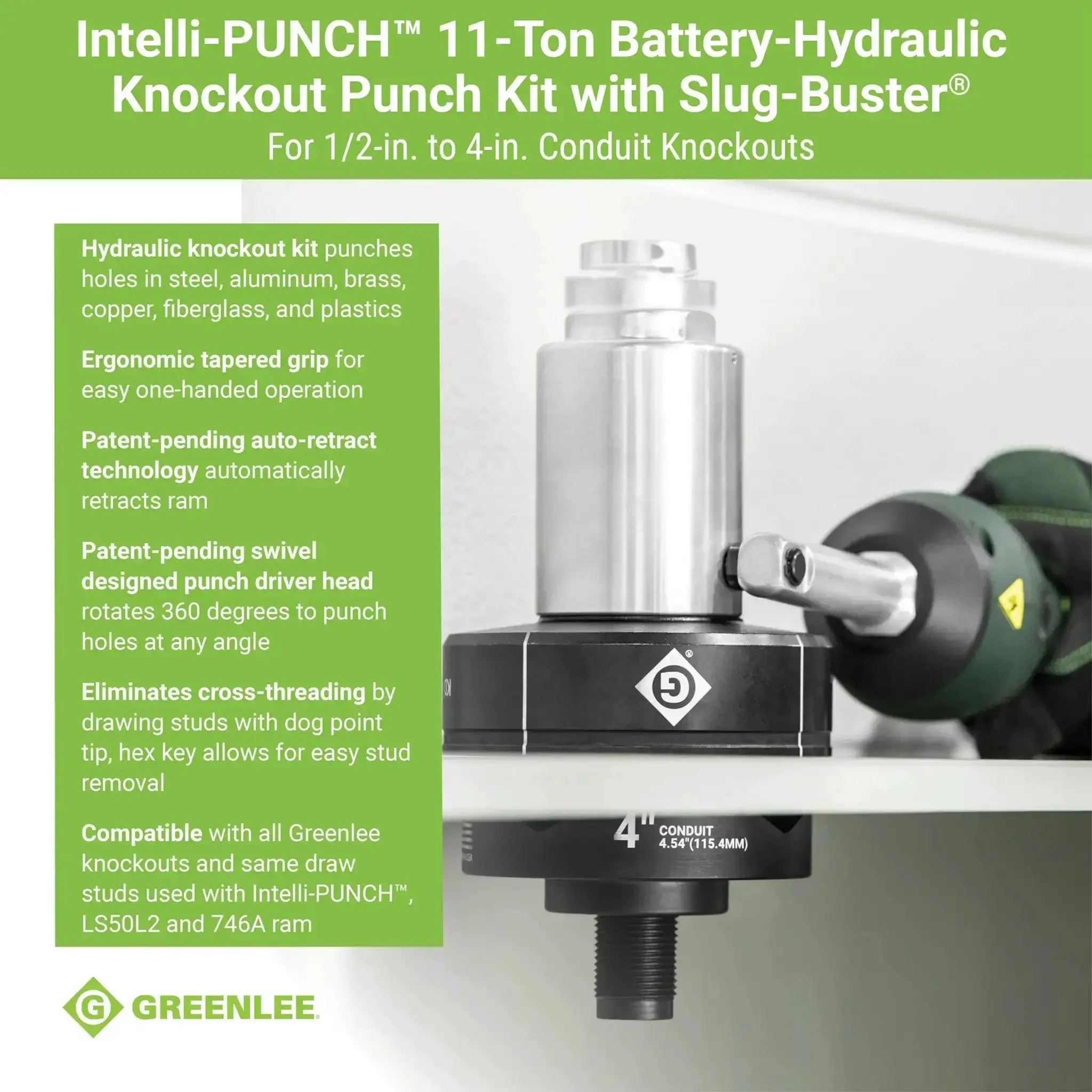 11-Ton Battery Hydraulic Knockout Punch Kit With Slug Buster For 1/2 To 4 Inch Conduit Fast 8 Second Cycles One Person Operation Punches Steel Aluminum Copper Brass Fiberglass And Plastics Heavy Duty - Image 11