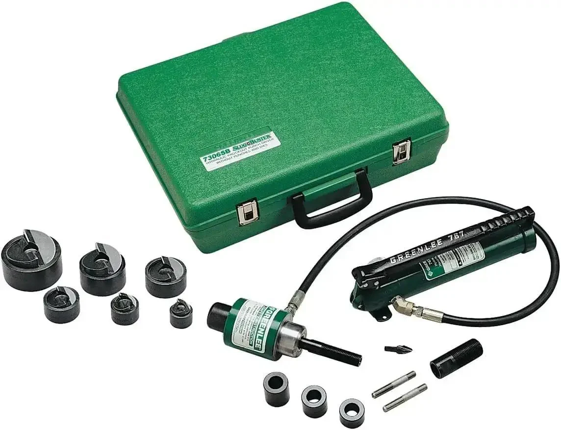 11-Ton Hydraulic Knockout Punch Kit With Hand Pump, Ram, One Half To Two Inch Slug-Buster Punches, Dies, Draw Studs, And Electrical Conduit Hole Cutter Kit For Drilling Holes In Steel, Aluminum, Brass, Copper, Fiberglass, And Plastics