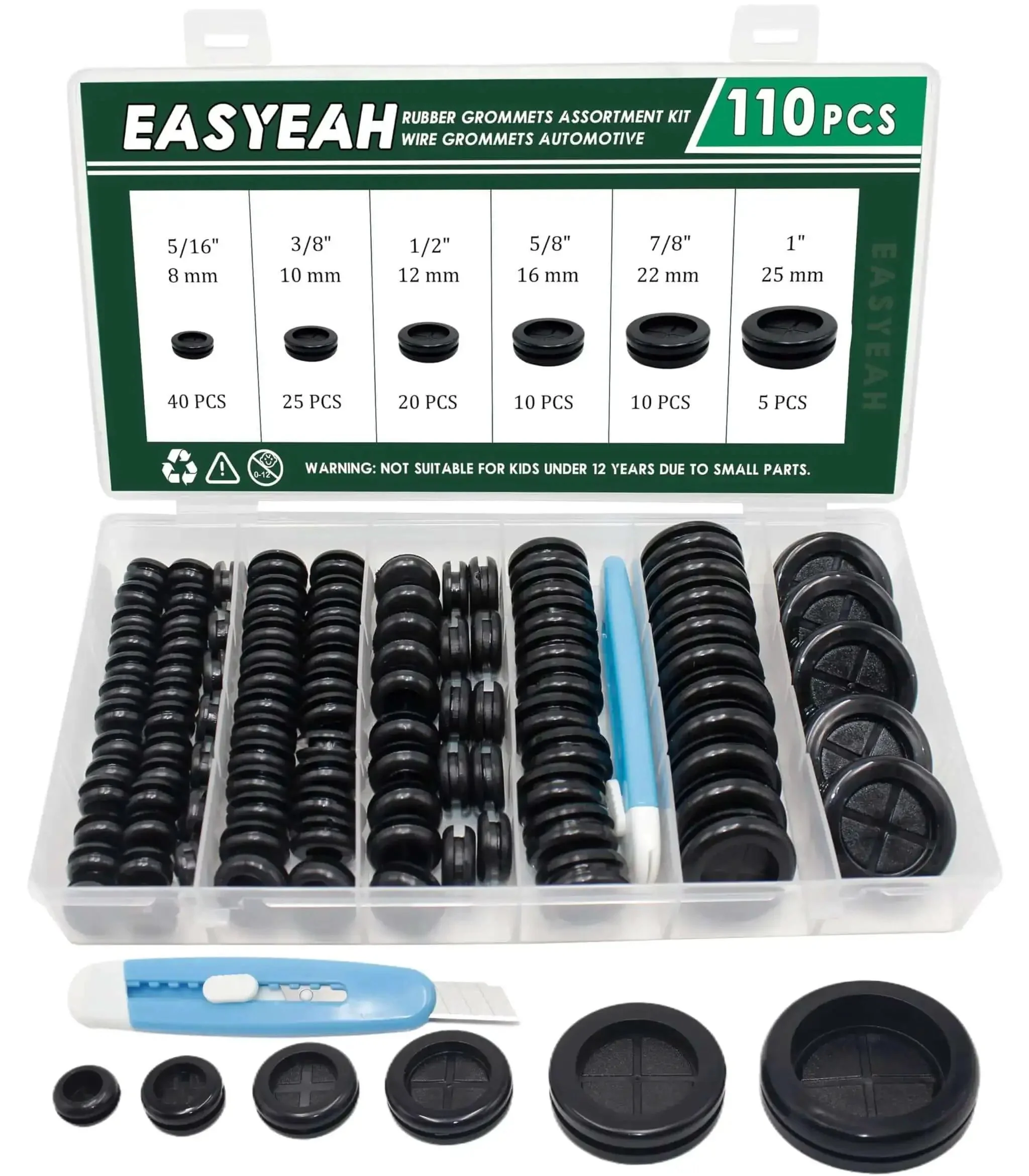 110 Pcs Rubber Grommets Kit With Six Sizes Five Sixteenths Inch Three Eighths Inch One Half Inch Five Eighths Inch Seven Eighths Inch And One Inch Waterproof Grommets For Sheet Metal Automotive Wires Cables And Electrical Boxes Desk Cable Management