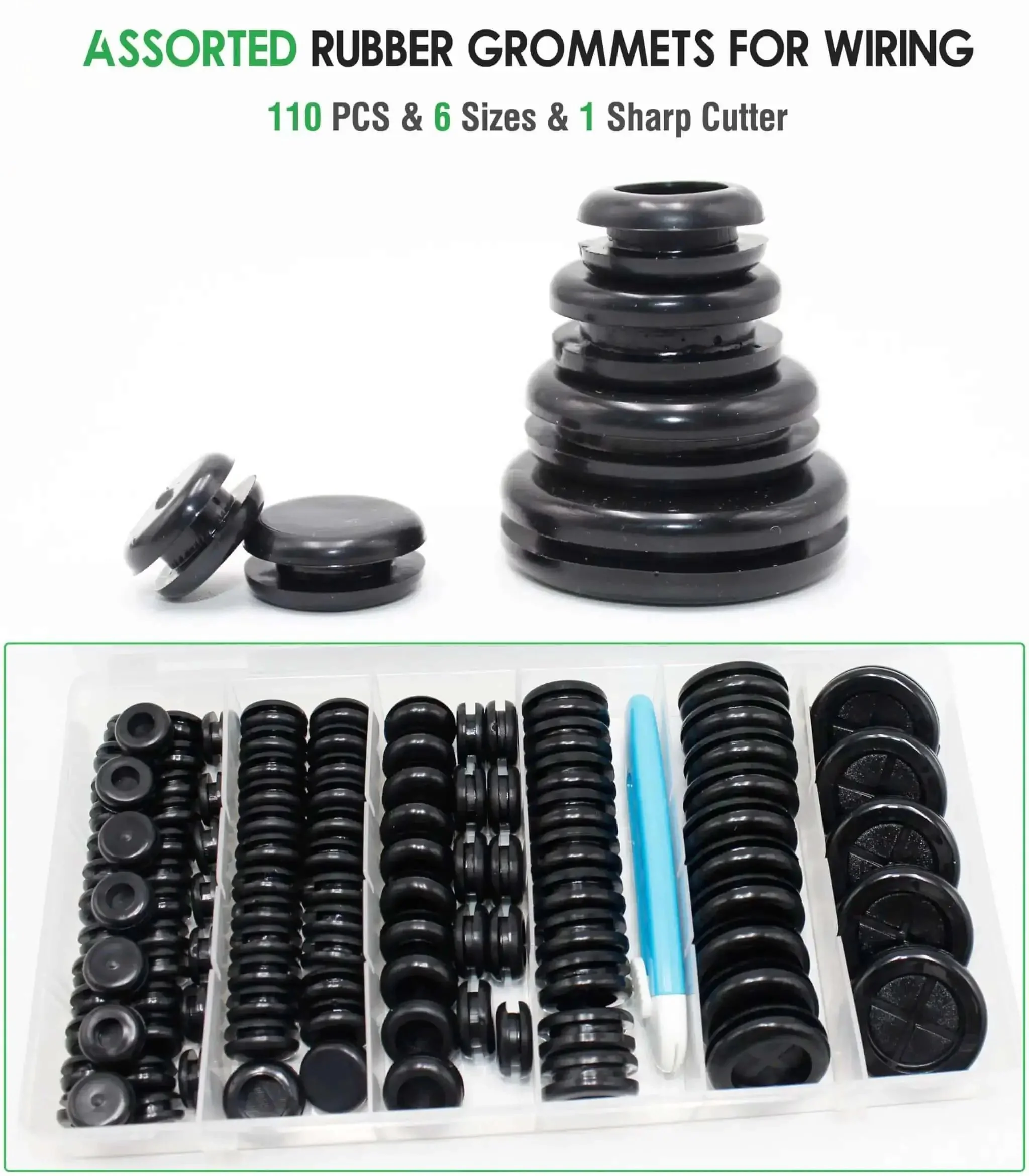 110 Pcs Rubber Grommets Kit With Six Sizes Five Sixteenths Inch Three Eighths Inch One Half Inch Five Eighths Inch Seven Eighths Inch And One Inch Waterproof Grommets For Sheet Metal Automotive Wires Cables And Electrical Boxes Desk Cable Management - Image 2