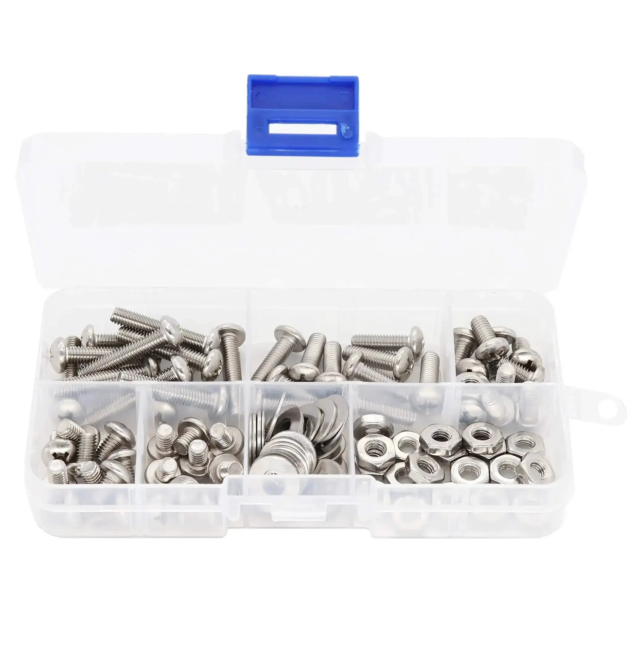 110 Piece 10 32 Pan Phillips Screws Hex Nuts Flat Washers Assortment Kit In 304 Stainless Steel With Durable Storage Box Includes One Quarter Inch Five Sixteenths Inch Three Eighths Inch Five Eighths Inch And One Inch Length Screws