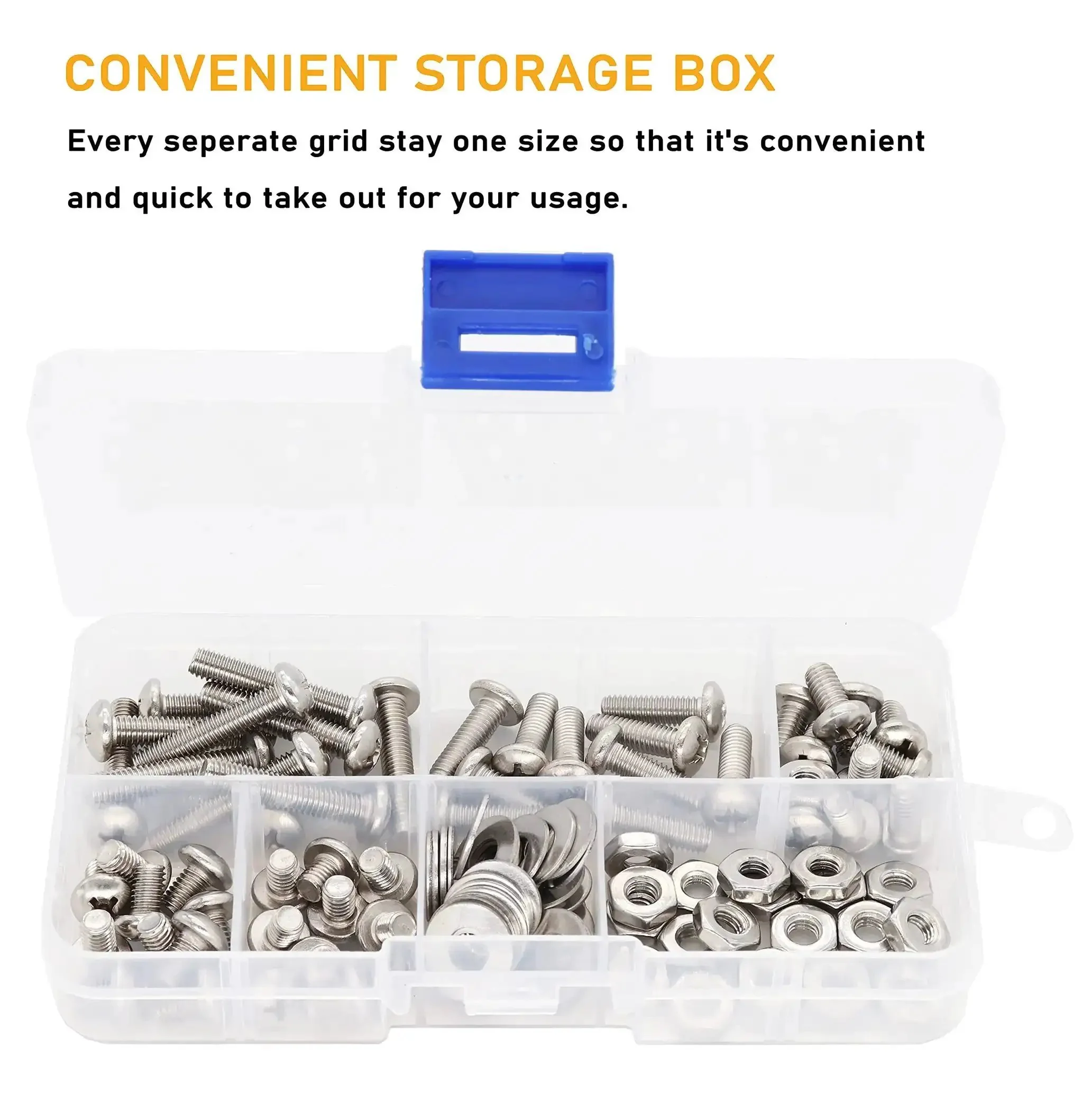 110 Piece 10 32 Pan Phillips Screws Hex Nuts Flat Washers Assortment Kit In 304 Stainless Steel With Durable Storage Box Includes One Quarter Inch Five Sixteenths Inch Three Eighths Inch Five Eighths Inch And One Inch Length Screws - Image 2