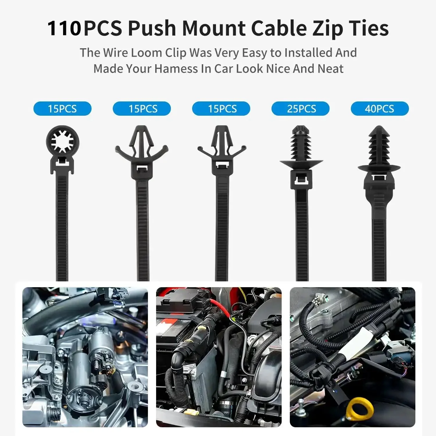 110 Piece Automotive Cable Zip Ties Kit With 5 Sizes Nylon Self Locking Ties, Heavy Duty UV Resistant Indoor Wire Bundling For Car, Construction And General Wiring, Durable, Flexible, Pro Grade And Easy To Use - Image 6