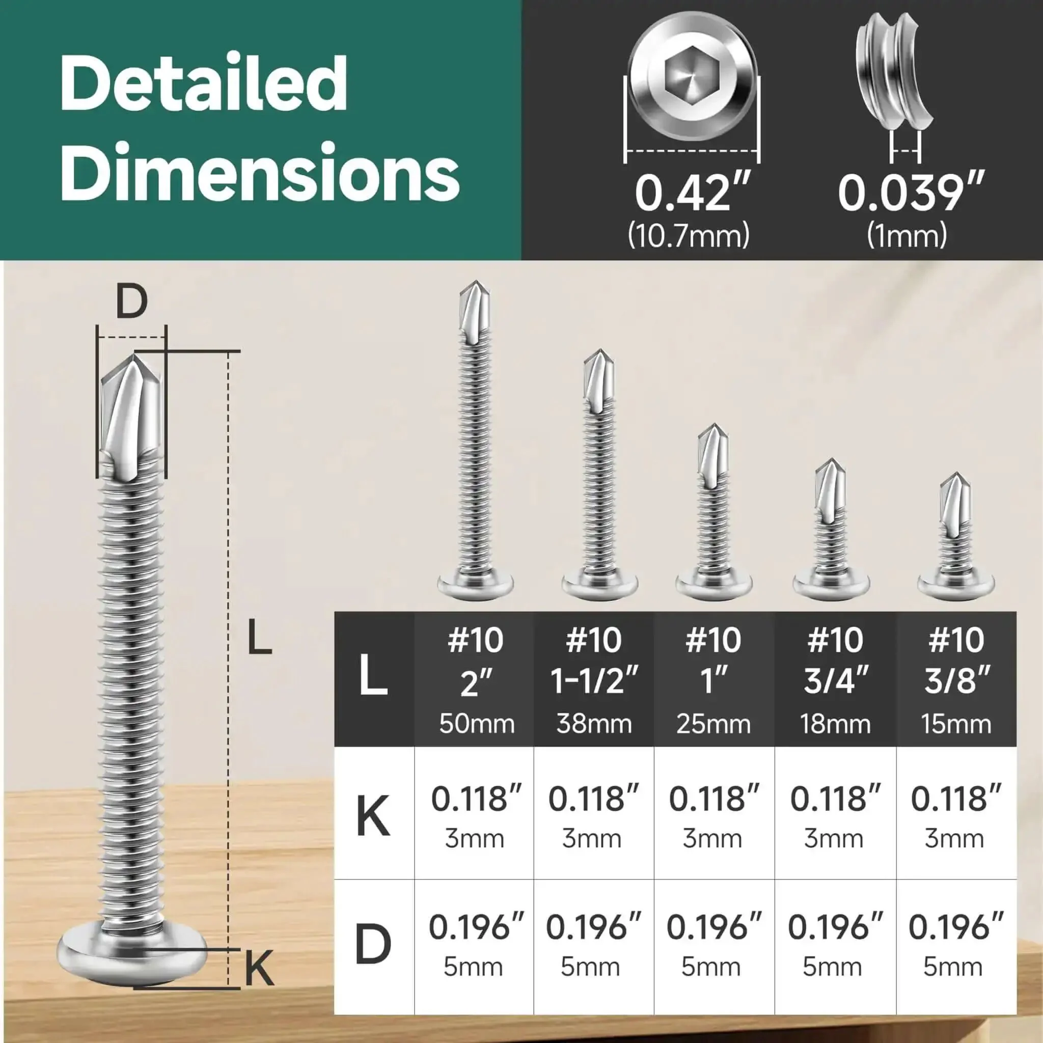 110 Piece Size Ten Stainless Steel Self Tapping Screws Kit With Hex Socket Drive For Sheet Metal Wood And Plastic Fastening Includes Drill Bit Durable 410 Stainless Steel - Image 6