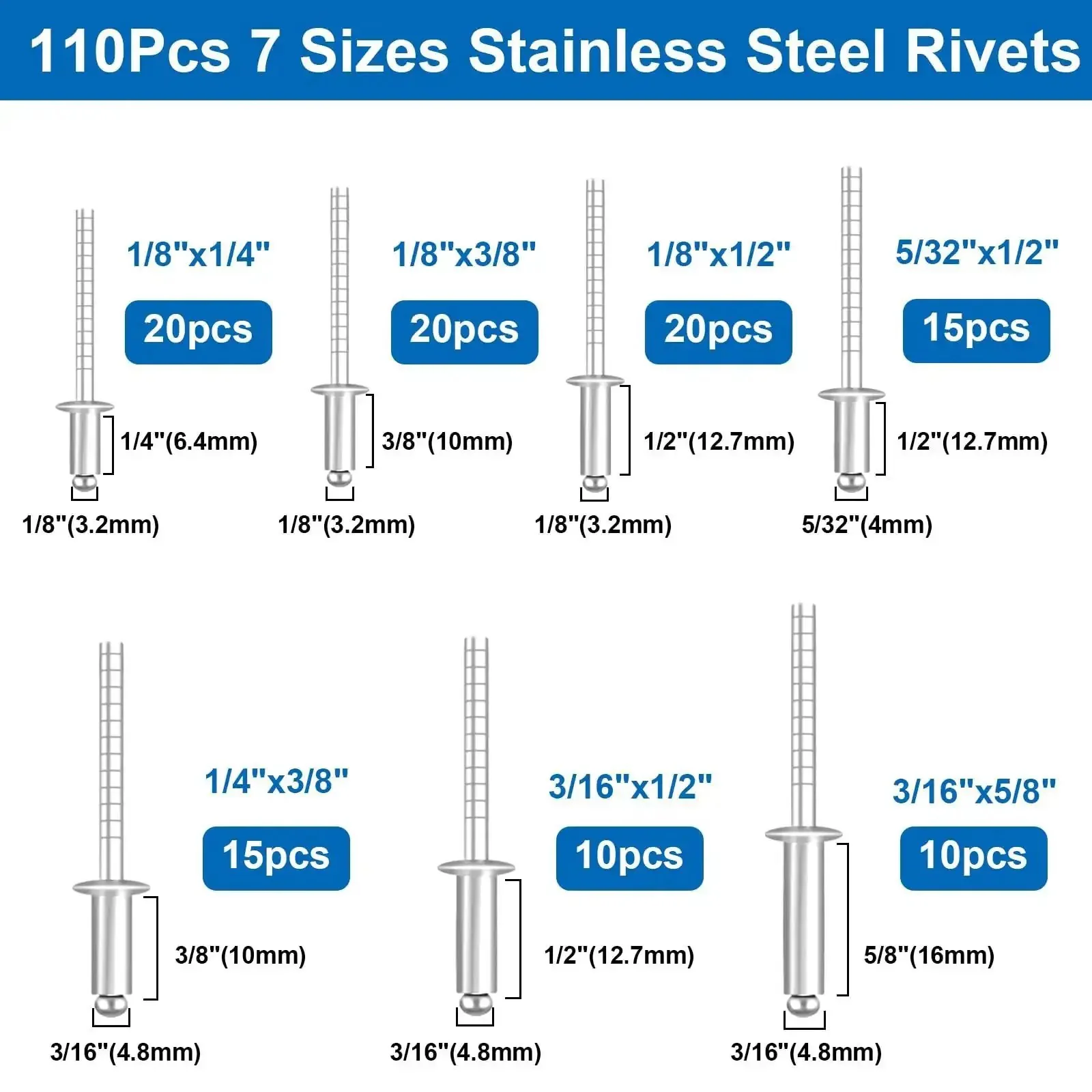 110 Piece Stainless Steel Blind Rivet Kit With Seven Sizes In A Labeled Organizer, A Handy Pro Grade Set For Metalwork, Furniture Fixes, Automotive Projects, And Instrument Repair - Image 6
