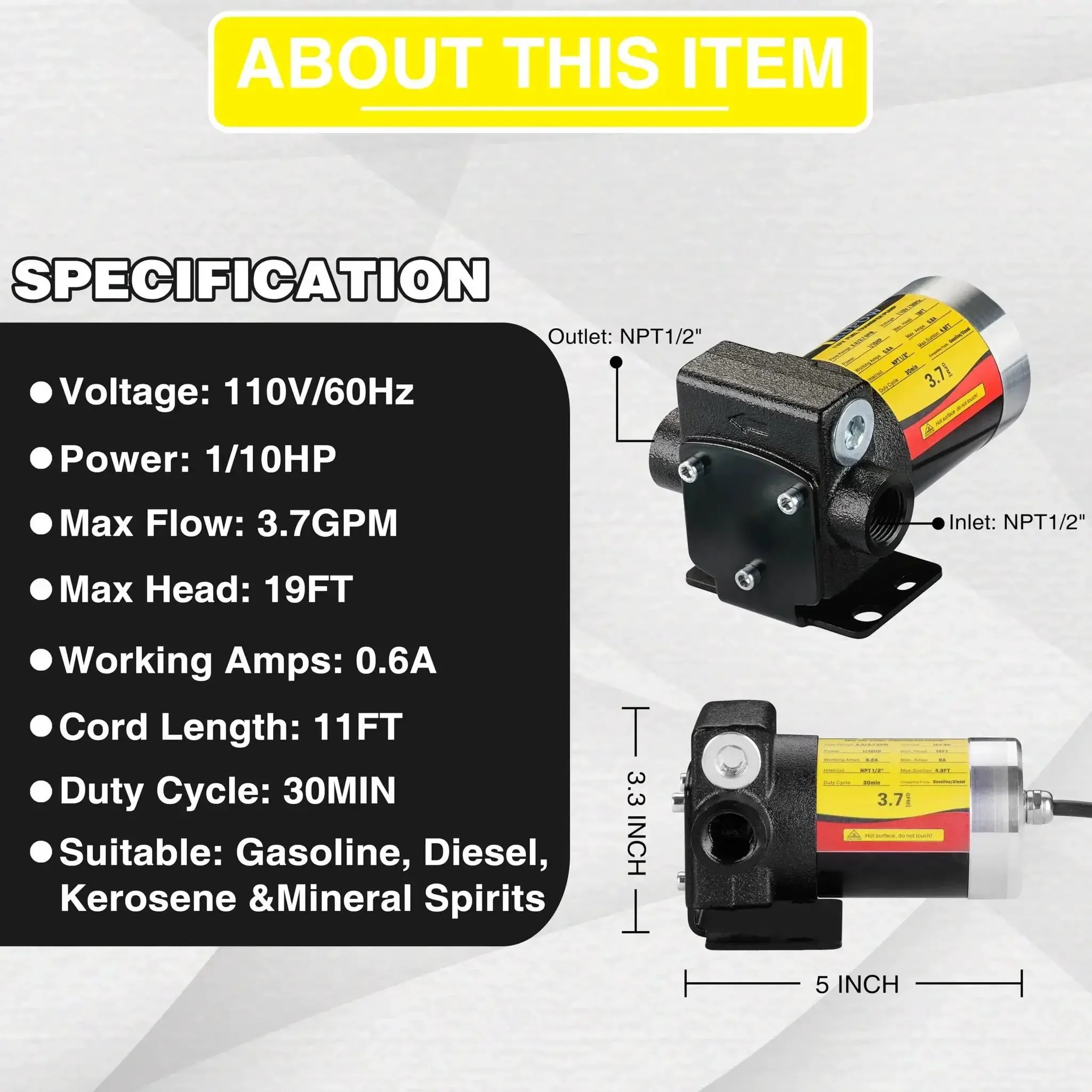 110V AC Self Priming Fuel Transfer Pump For Gasoline Diesel Kerosene With Reversible Pumping Switch High Efficiency 3.7 GPM Lift 19 Feet Suction 4.9 Feet Explosion Proof Construction Ideal For On Site Oil Transfers - Image 5