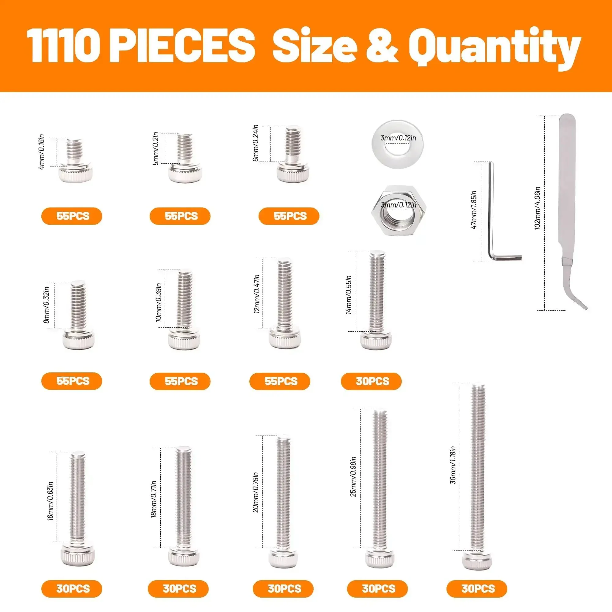 1110-Piece M3 Stainless Steel Socket Head Screw And Nut Kit With Hex Drive Cap Screws From 4 To 30 Millimeter, Allen Wrench, Curved Tweezers, Metric Machine Screw Assortment Set For DIY Projects, Robotics And Bike Maintenance - Image 7