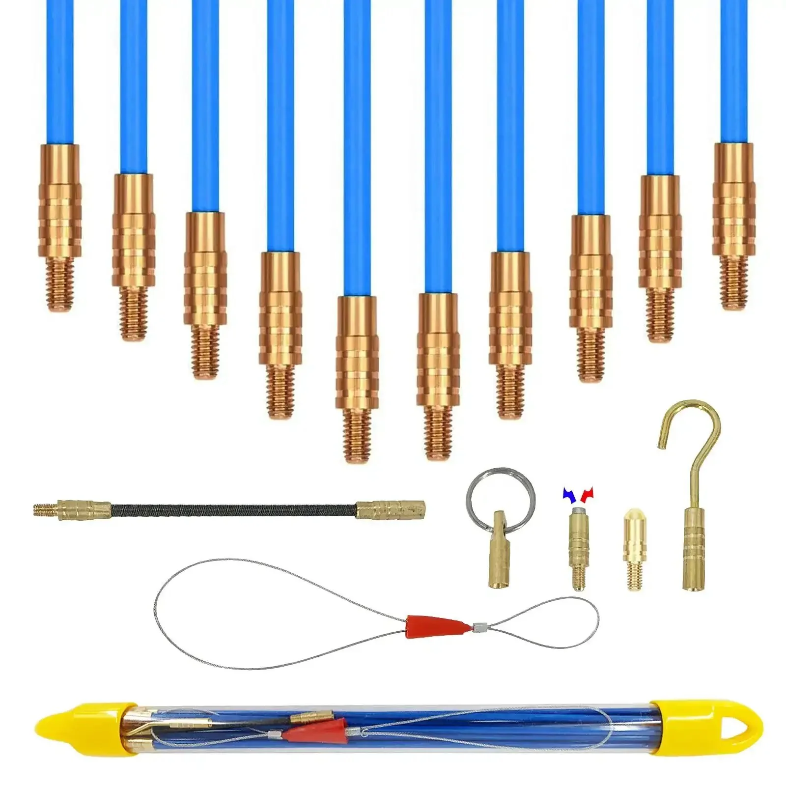 11Ft Fiberglass Duct Rodder Kit For Wire And Cable Pulling Flexible And Durable Fish Tape With Hook And Hole In Tube Blue Extends To 11 Feet Pro Grade Tool For Electrical Jobs