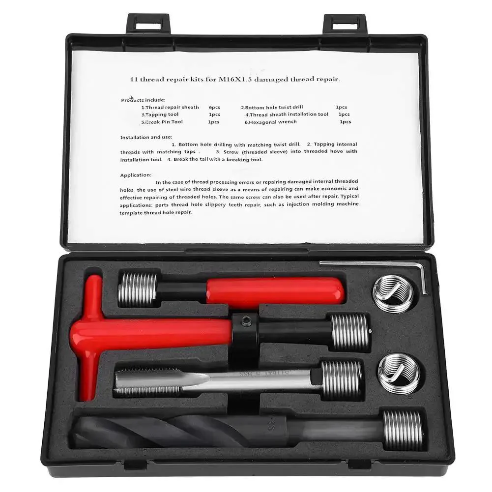 11Pcs M16x1.5 Thread Repair Kit In Stainless Steel For Helicoil Style Threaded Holes, Drill And Tap Insertion Tool Set With Wrench And Accessories, Fast, Easy To Use For Automotive And DIY Repairs