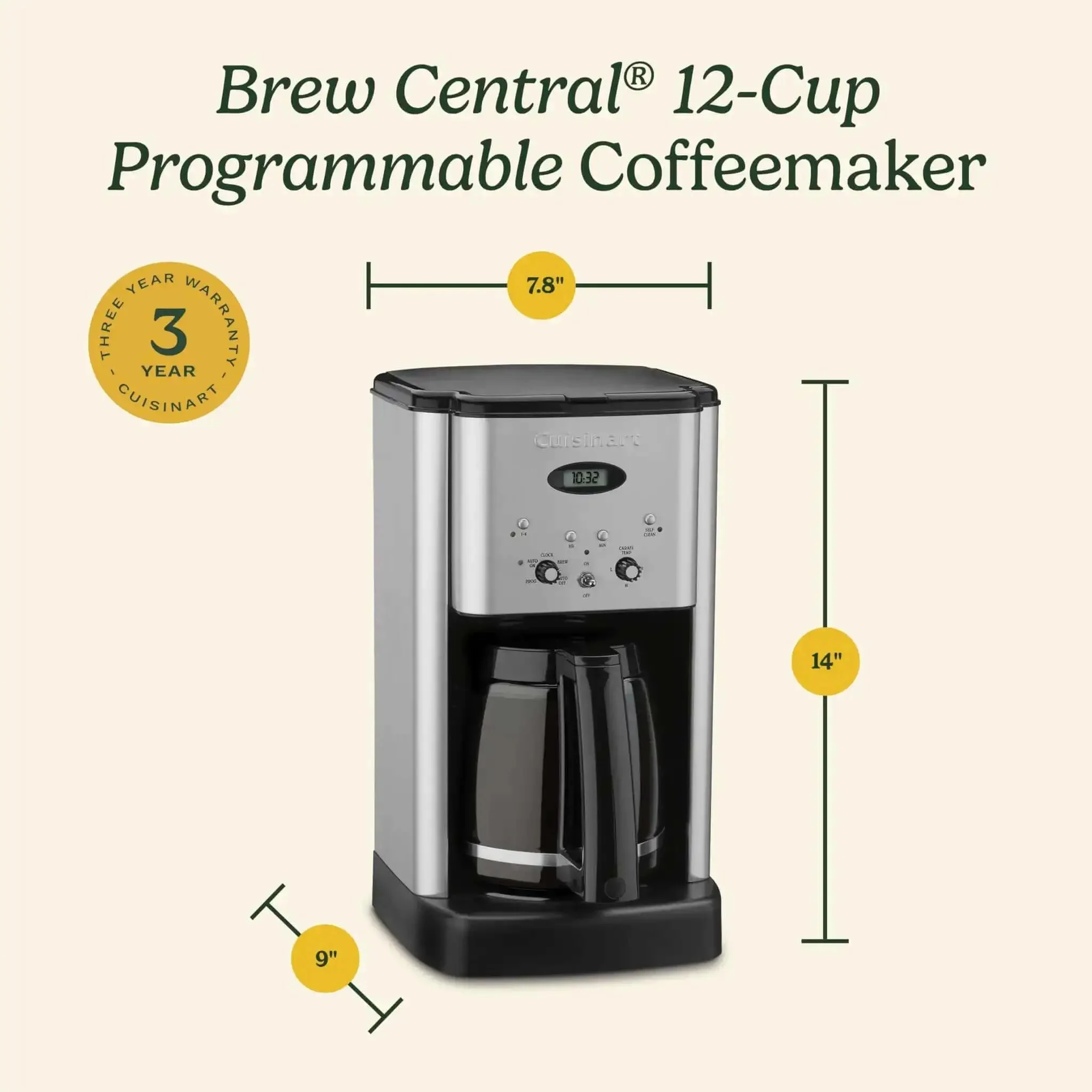 12 Cup Brew Central Coffee Maker With Fully Auto Programmable Settings, 24 Hour Delay Brew, Auto Off, 1 To 4 Cup Options, Adjustable Temperature Control With Low, Medium, And High Heater, Black Stainless Steel Glass Carafe, Ergonomic Comfort Grip - Image 2