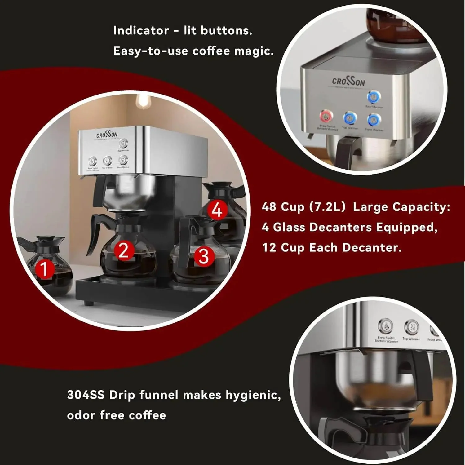 12 Cup Commercial Coffee Brewer With 4 Warmers And 4 Glass Decanters, Pour Over Drip Coffee Maker In Stainless Steel Housing With 304 Funnel, Delivers Barista-Grade Flavor At 195 To 205 F In High-Volume Cafes - Image 2