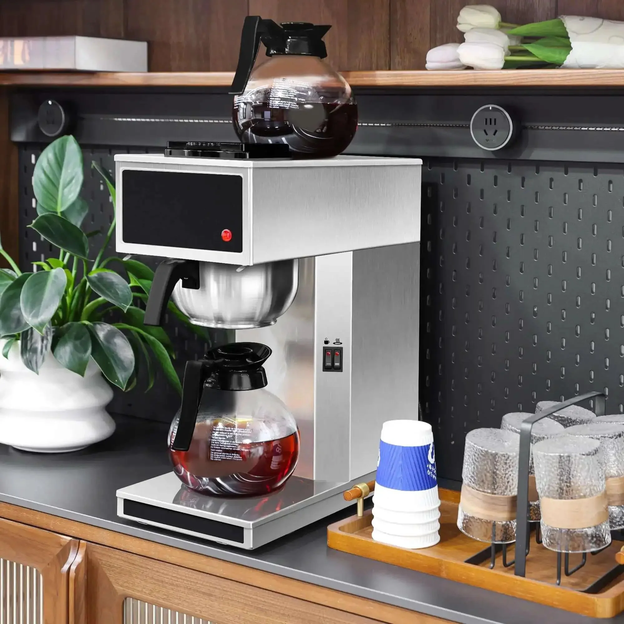 12 Cup Commercial Coffee Maker With Dual Warmers For Offices And Break Rooms - Pourover Stainless Steel Brewer, 120V Compact Drip Coffee Machine For Church Events And Big Gatherings - Image 5