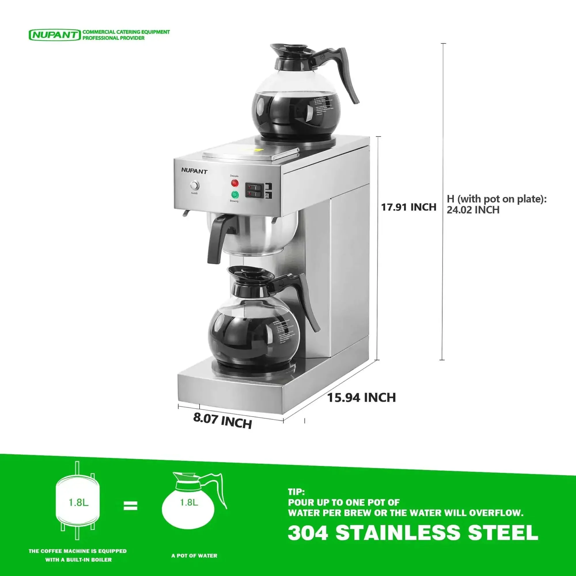 12 Cup Commercial Coffee Maker With Water Line Auto Fill, Stainless Steel Body, Dual Glass Carafes And Two Warmers, Drip Brewer For Restaurant Office Or Cafe, Heavy Duty Brew Machine That Keeps Up With Busy Mornings - Image 5