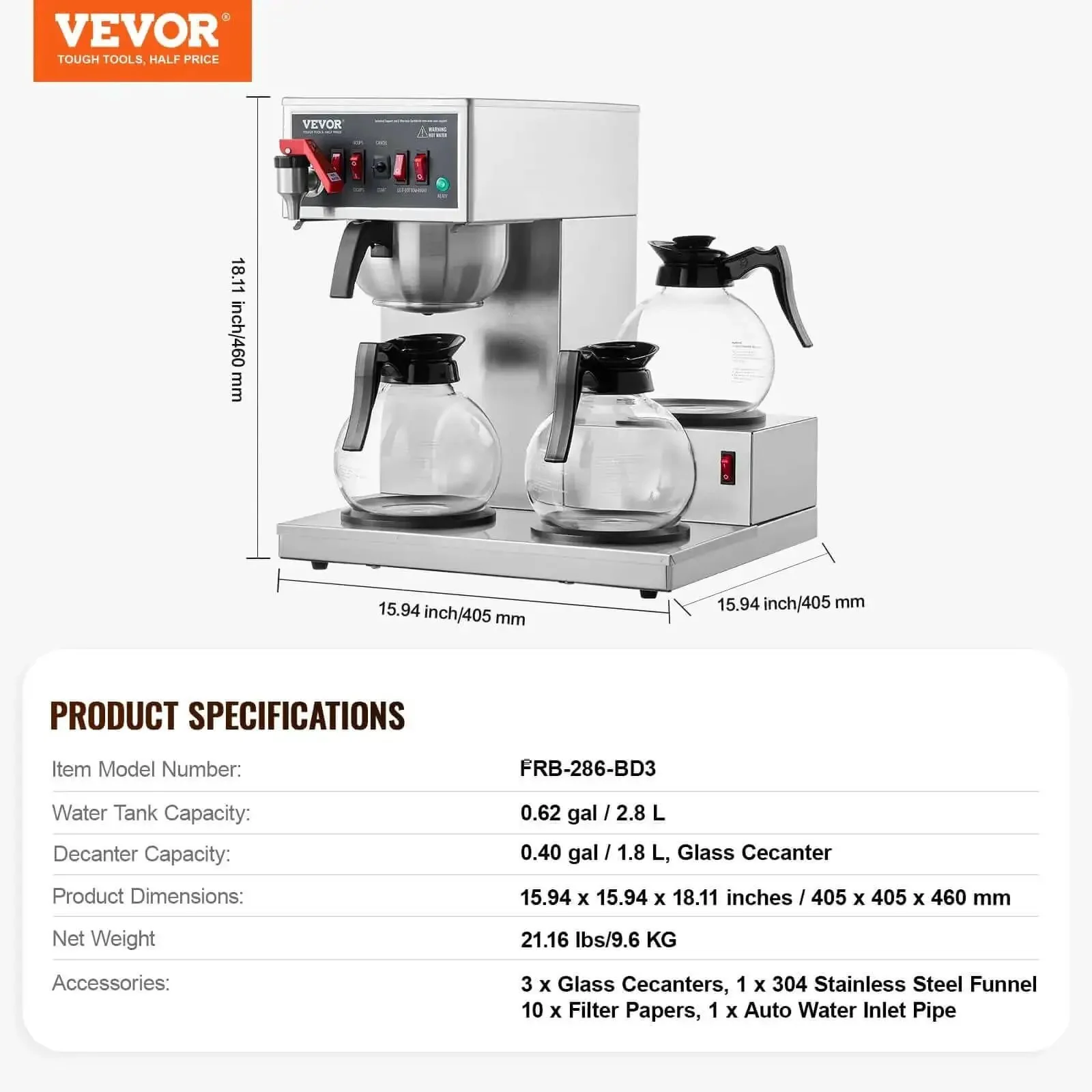 12 Cup Commercial Drip Coffee Maker With 3 Glass Carafes And 3 Warmer Plates, Stainless Steel Pour Over Brewer With Auto Water Intake For Restaurant Office Or Cafe, Big Batch Fast Brew In Minutes - Image 4