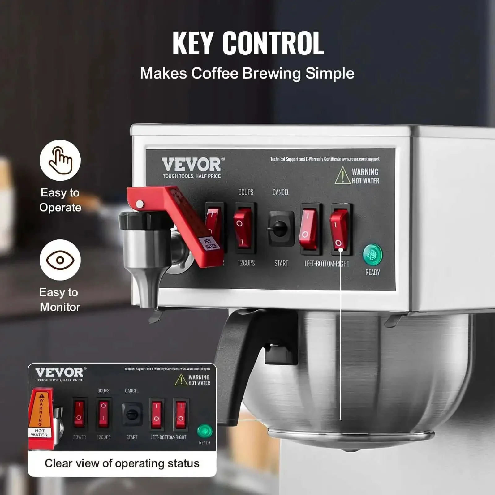 12 Cup Commercial Drip Coffee Maker With 3 Glass Carafes And 3 Warmer Plates, Stainless Steel Pour Over Brewer With Auto Water Intake For Restaurant Office Or Cafe, Big Batch Fast Brew In Minutes - Image 7