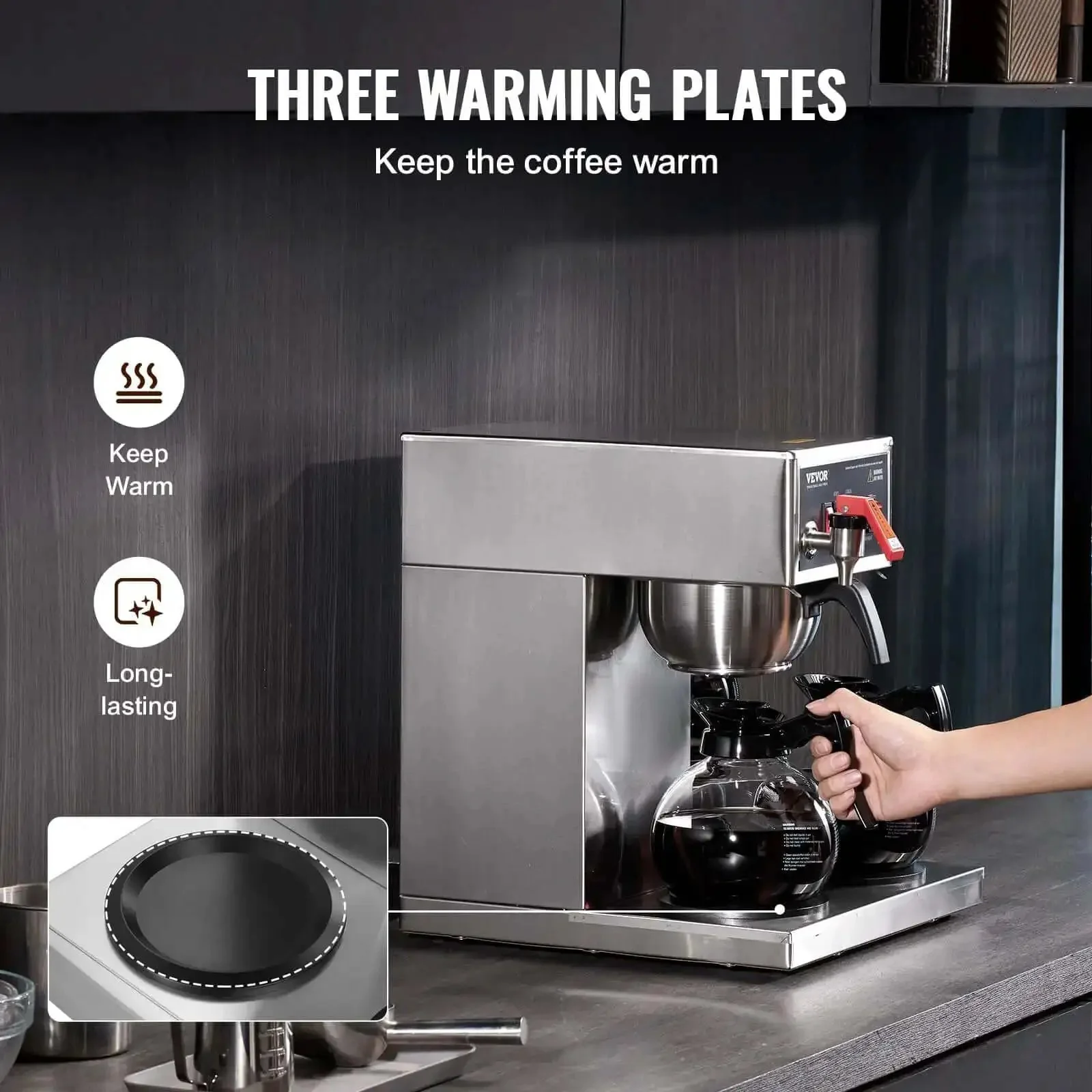 12 Cup Commercial Drip Coffee Maker With 3 Glass Carafes And 3 Warmer Plates, Stainless Steel Pour Over Brewer With Auto Water Intake For Restaurant Office Or Cafe, Big Batch Fast Brew In Minutes - Image 8