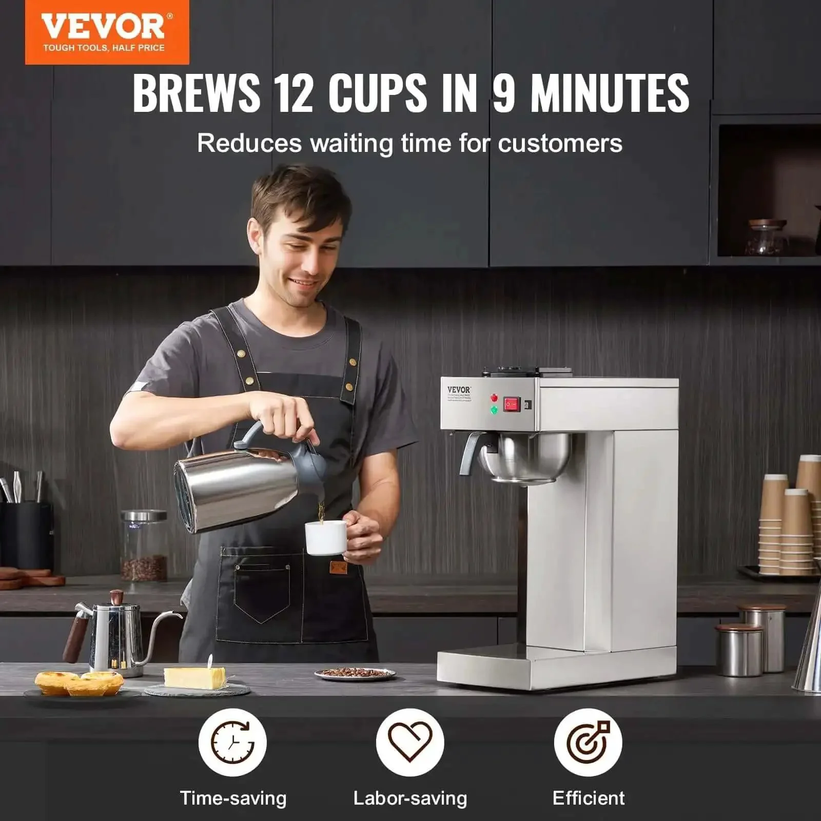 12 Cup Commercial Drip Coffee Maker With Thermal Vacuum Carafe Keeps Coffee Hot Or Cold All Day No Fuss For Restaurant Office Cafe Stainless Steel Brewer That Brews A Full Pot In About 9 Minutes - Image 9