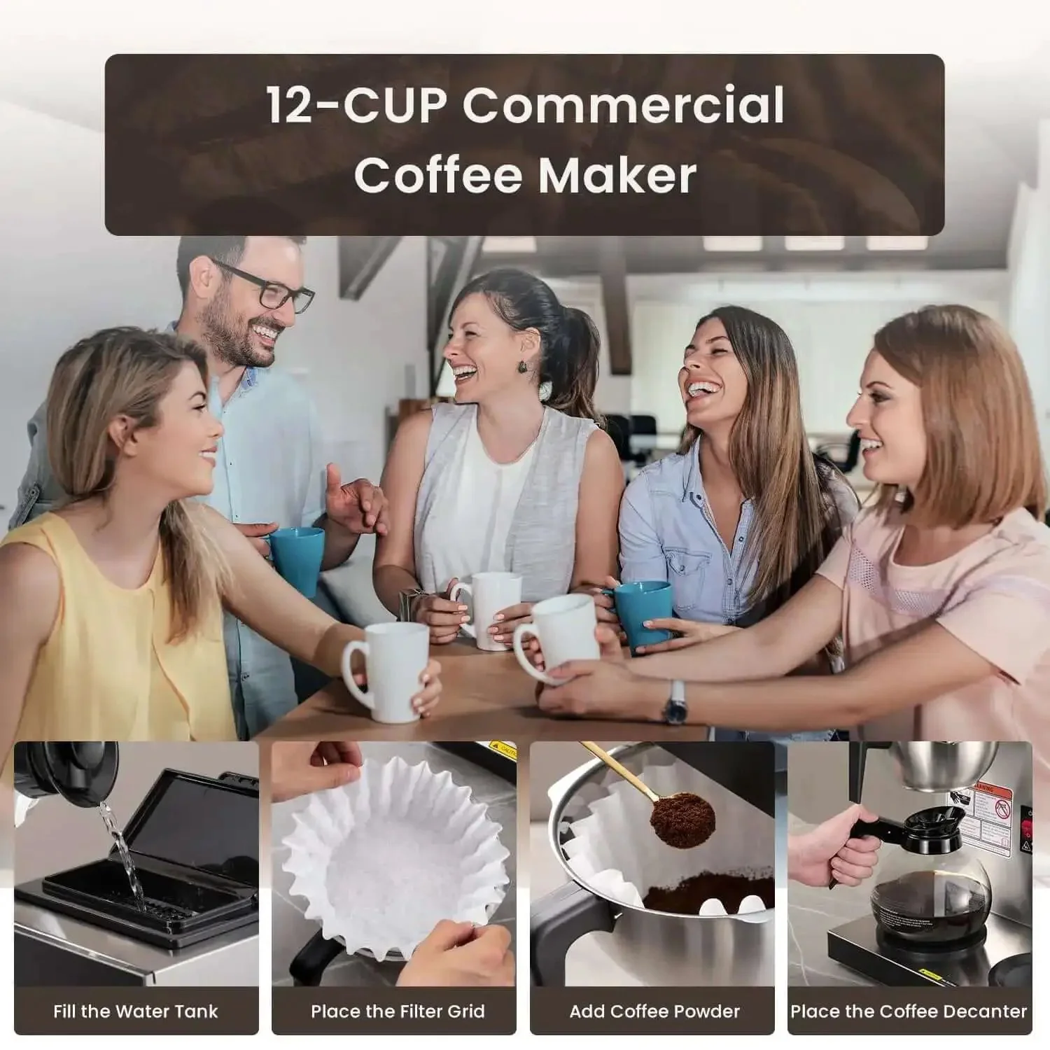 12-Cup Commercial Drip Coffee Maker With Three Lower Warmers And Glass Decanters, Stainless Steel Finish, Easy One-Touch Brew, No Plumbing Needed, No-Fuss Office Coffee Brewer For Break Rooms And Small Cafes - Image 3