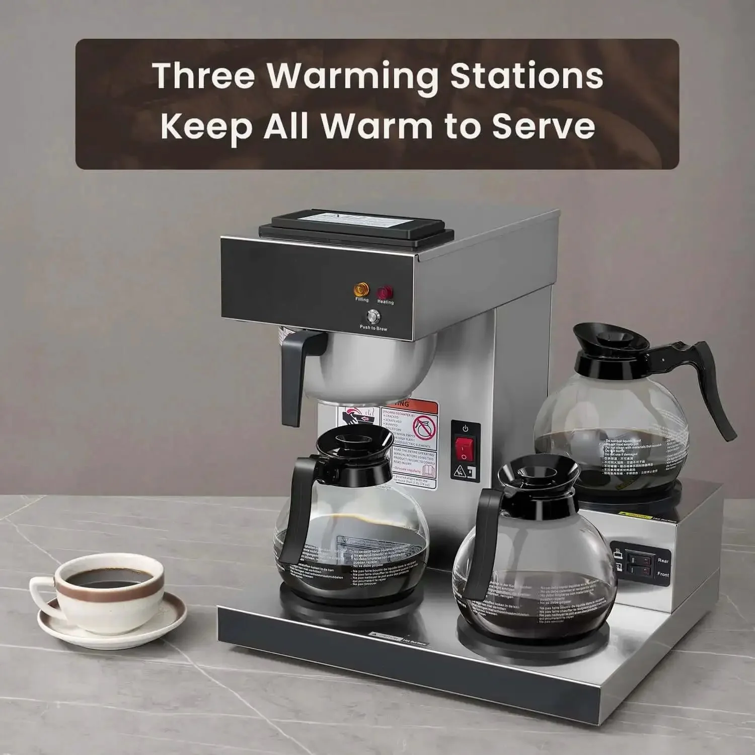 12-Cup Commercial Drip Coffee Maker With Three Lower Warmers And Glass Decanters, Stainless Steel Finish, Easy One-Touch Brew, No Plumbing Needed, No-Fuss Office Coffee Brewer For Break Rooms And Small Cafes - Image 4
