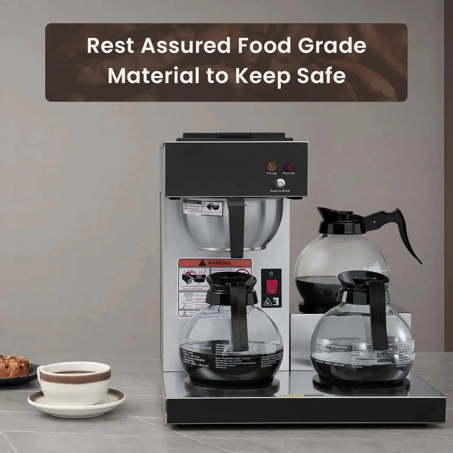 12-Cup Commercial Drip Coffee Maker With Three Lower Warmers And Glass Decanters, Stainless Steel Finish, Easy One-Touch Brew, No Plumbing Needed, No-Fuss Office Coffee Brewer For Break Rooms And Small Cafes - Image 7